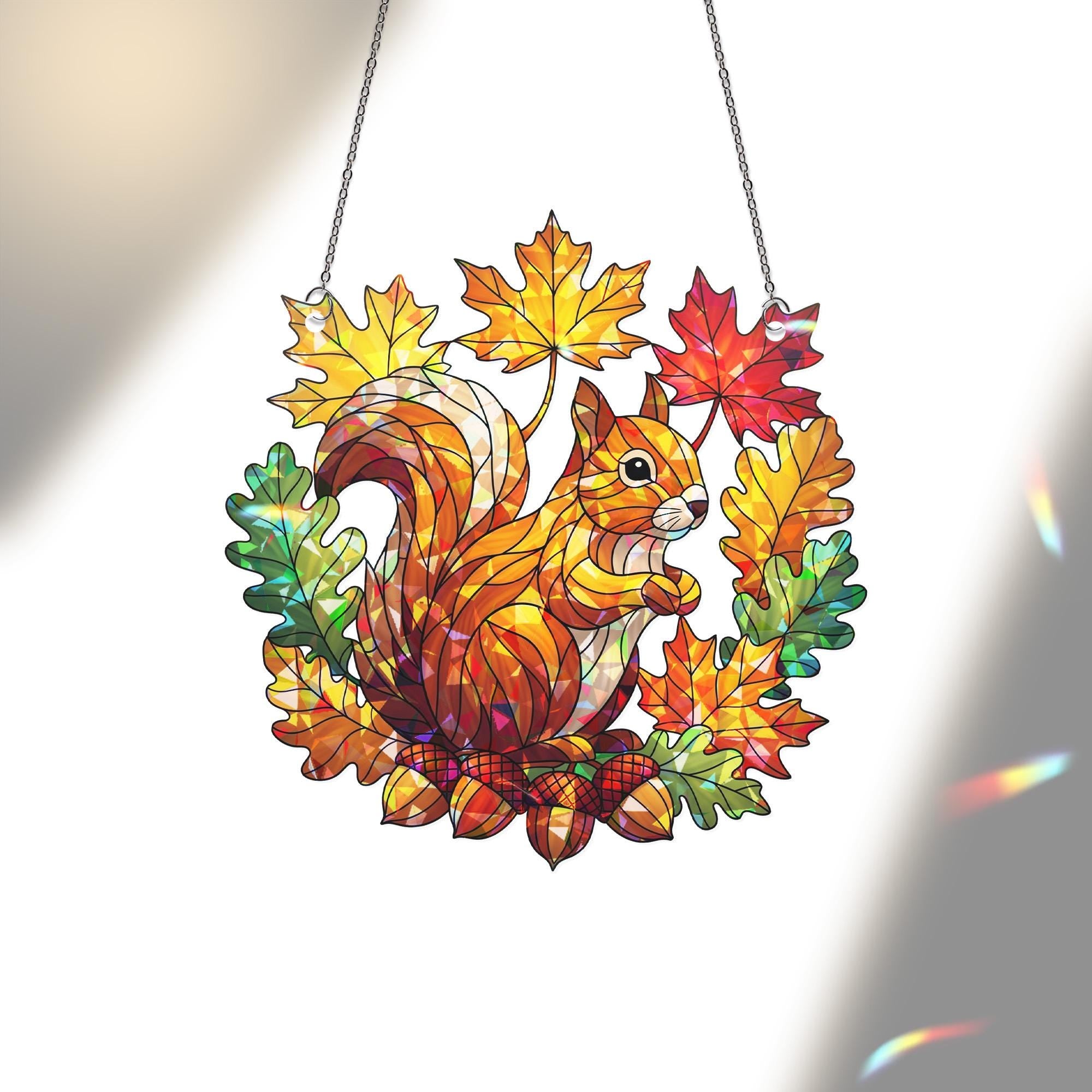 Fall Squirrel Acrylic Window Hanging | Autumn Leaf Decor for Teachers | Woodland Animal Classroom or Home Decor | Fall Gift Idea