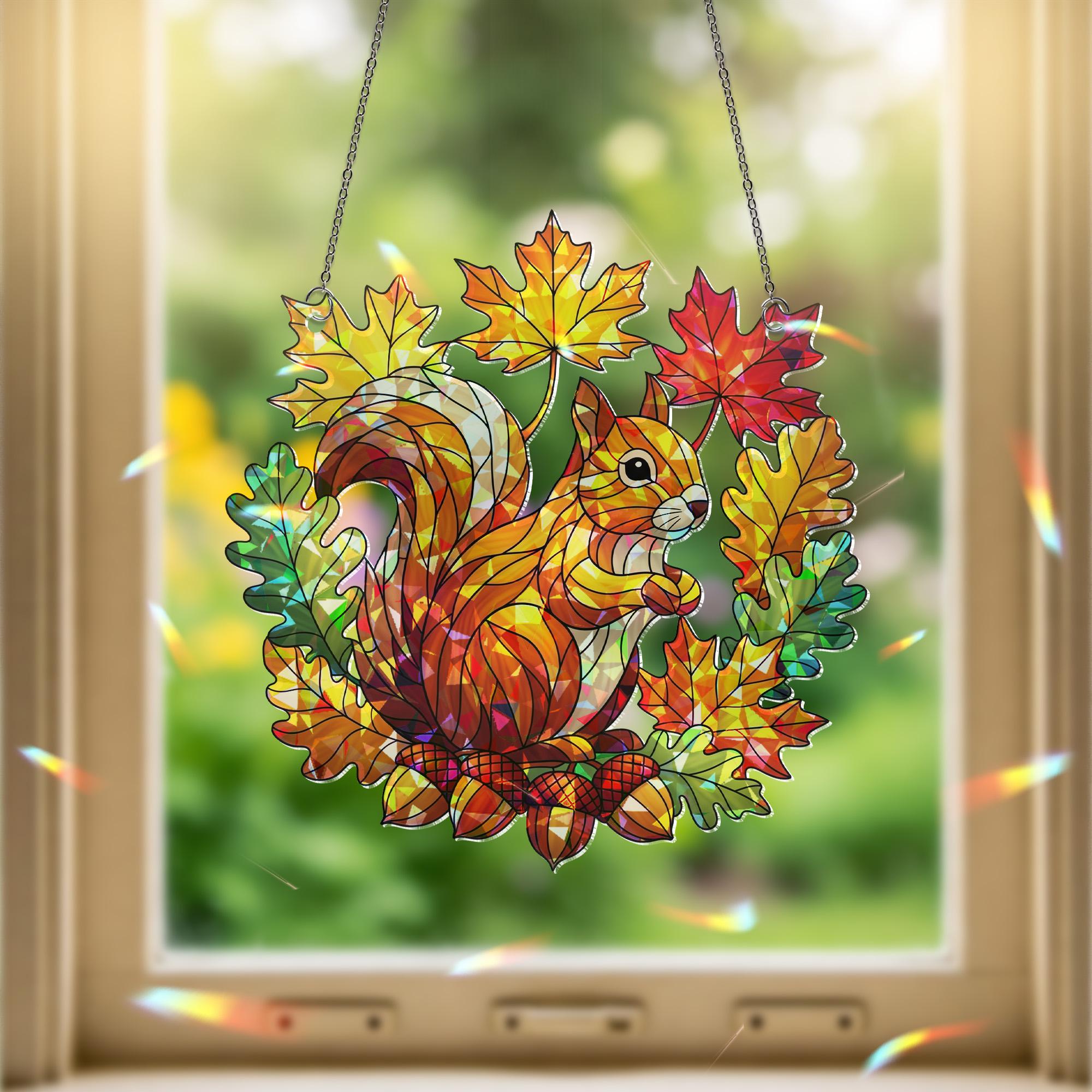 Fall Squirrel Acrylic Window Hanging | Autumn Leaf Decor for Teachers | Woodland Animal Classroom or Home Decor | Fall Gift Idea