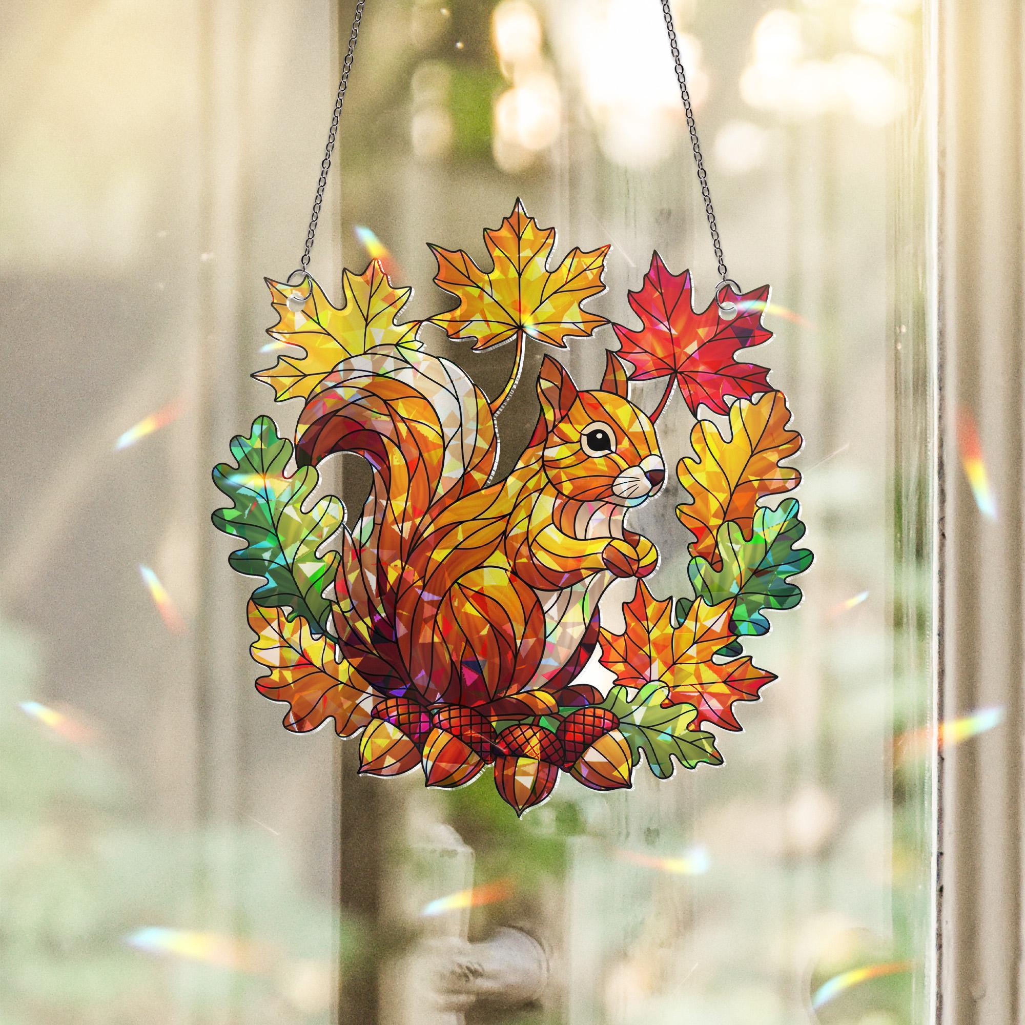 Fall Squirrel Acrylic Window Hanging | Autumn Leaf Decor for Teachers | Woodland Animal Classroom or Home Decor | Fall Gift Idea