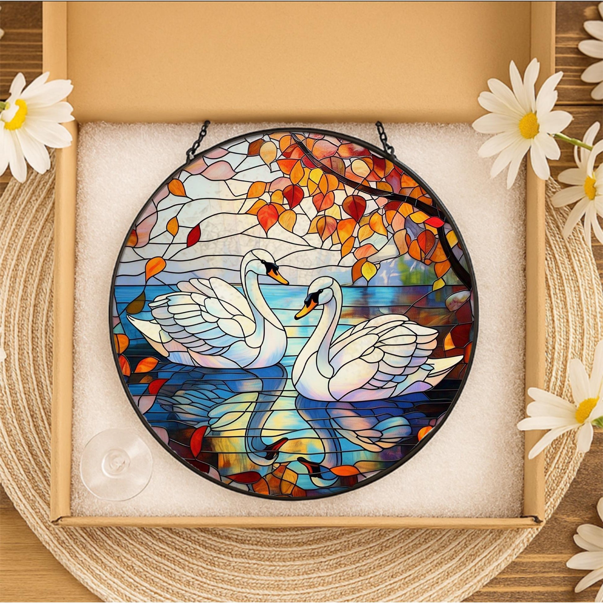 Swan Couple Glass Suncatcher – Romantic Window Hanging with Autumn Leaves and Lake Reflection Scene