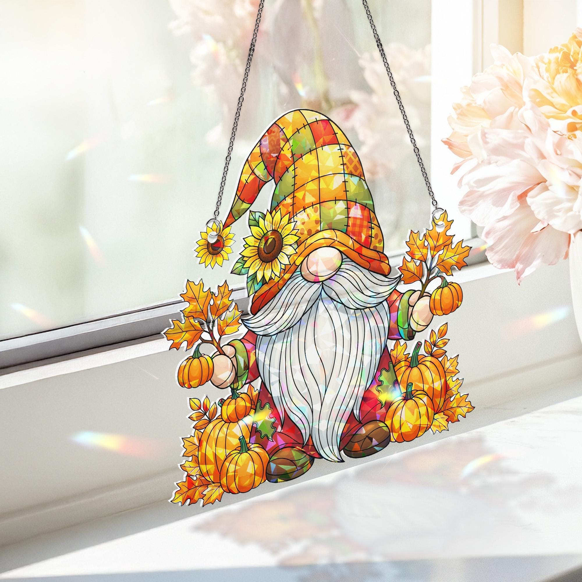 Autumn Gnome Acrylic Window Hanging | Fall Pumpkin Decor with Sunflower and Leaves | Cute Seasonal Gnome Art | Fall Home Window Accent