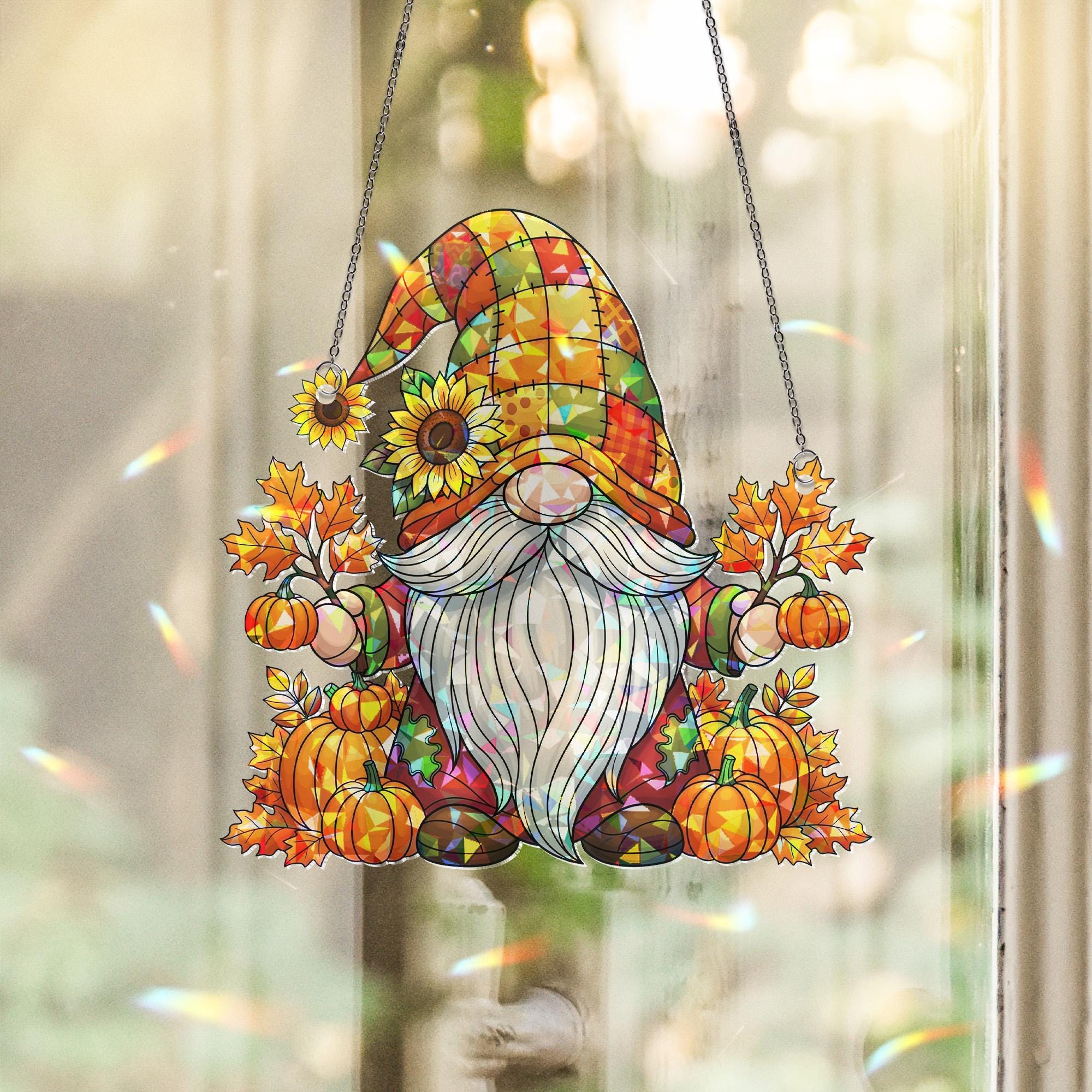 Autumn Gnome Acrylic Window Hanging | Fall Pumpkin Decor with Sunflower and Leaves | Cute Seasonal Gnome Art | Fall Home Window Accent