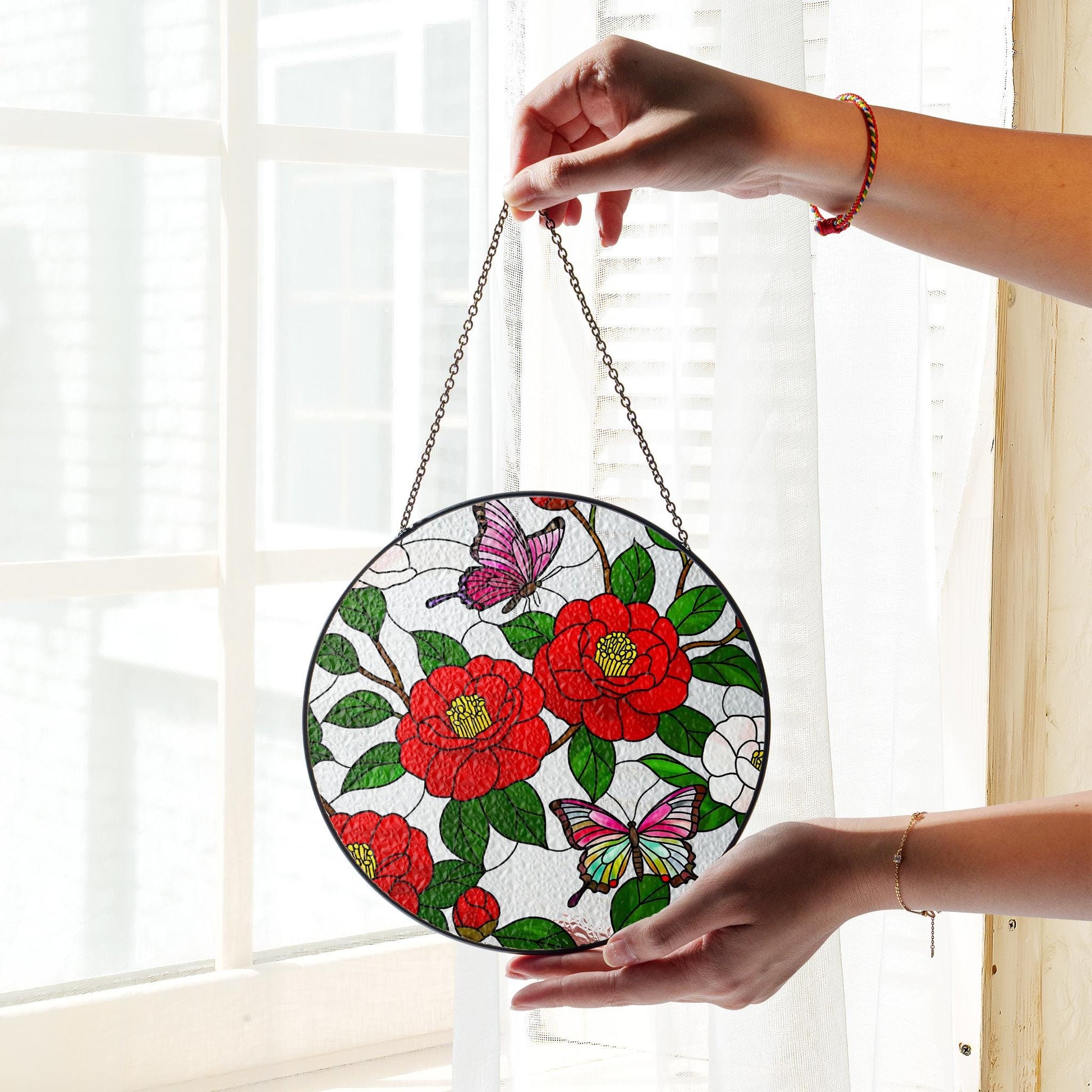 Vibrant Red Camellia Butterfly Glass Style Suncatcher, Round Floral Window Hanging, Unique Nature Inspired Home & Garden Decor, AL Flower