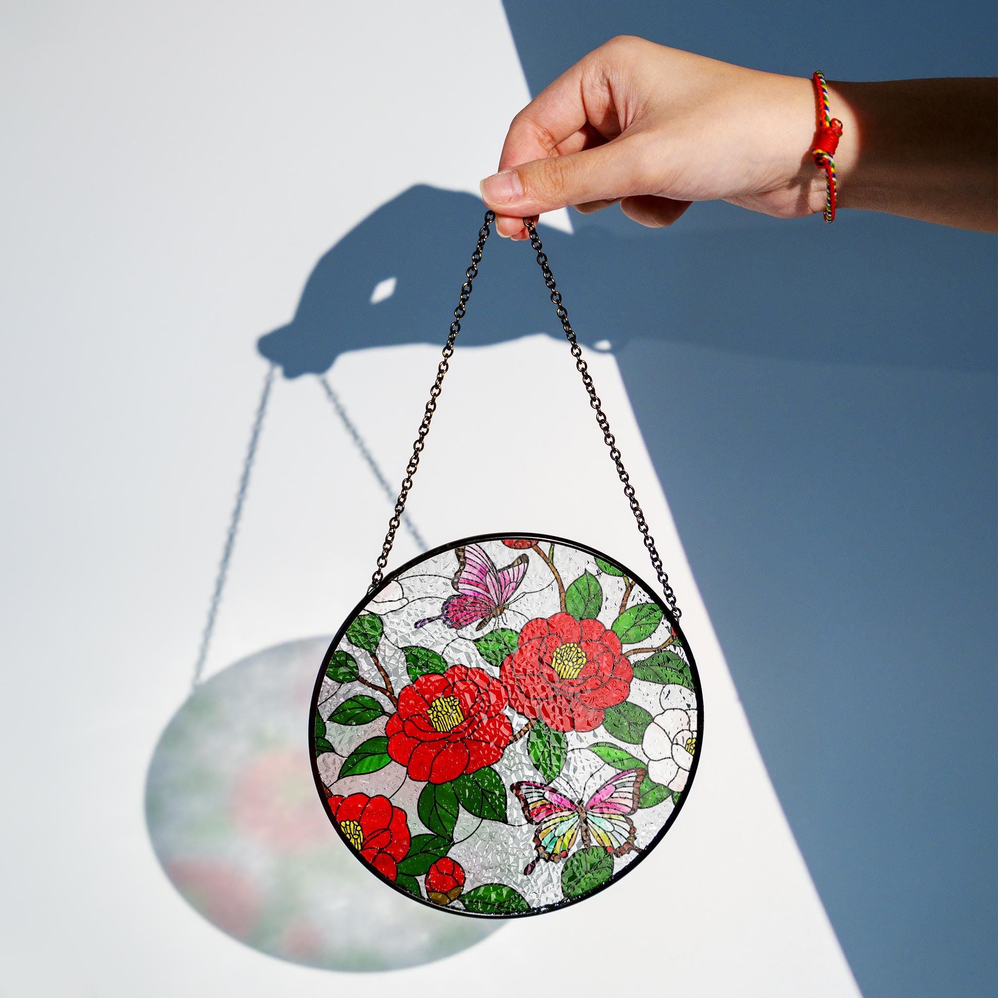 Vibrant Red Camellia Butterfly Glass Style Suncatcher, Round Floral Window Hanging, Unique Nature Inspired Home & Garden Decor, AL Flower