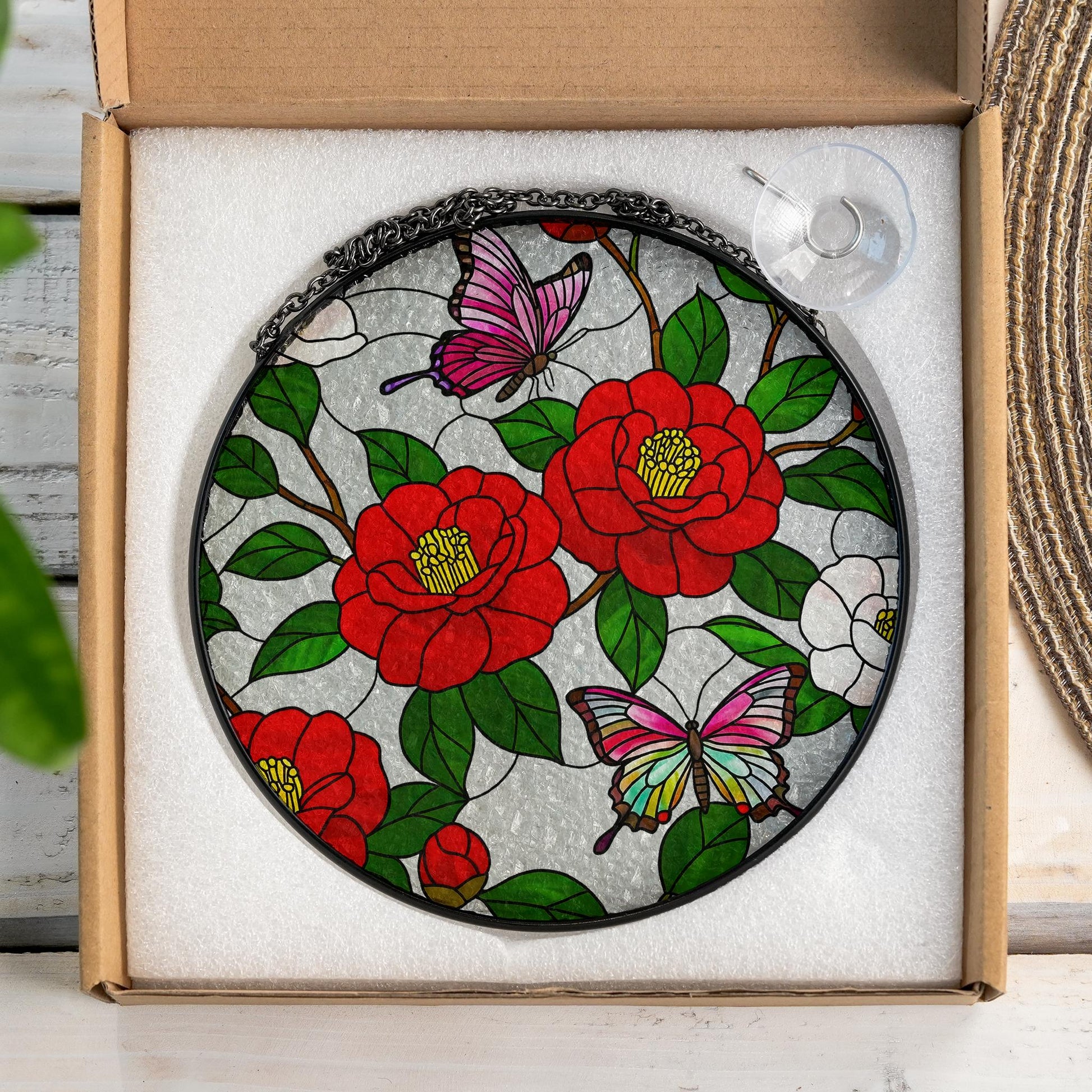 Vibrant Red Camellia Butterfly Glass Style Suncatcher, Round Floral Window Hanging, Unique Nature Inspired Home & Garden Decor, AL Flower