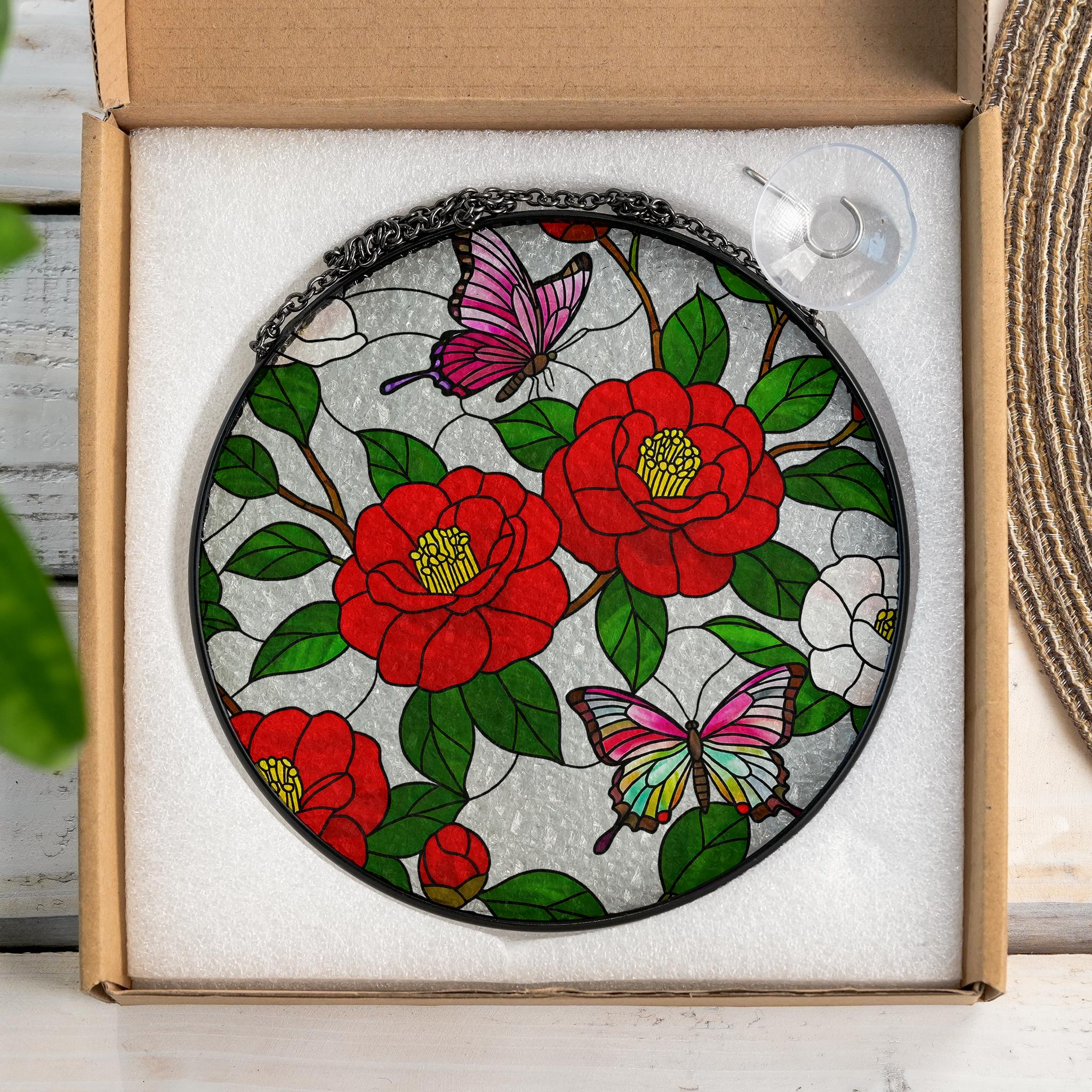 Vibrant Red Camellia Butterfly Glass Style Suncatcher, Round Floral Window Hanging, Unique Nature Inspired Home & Garden Decor, AL Flower
