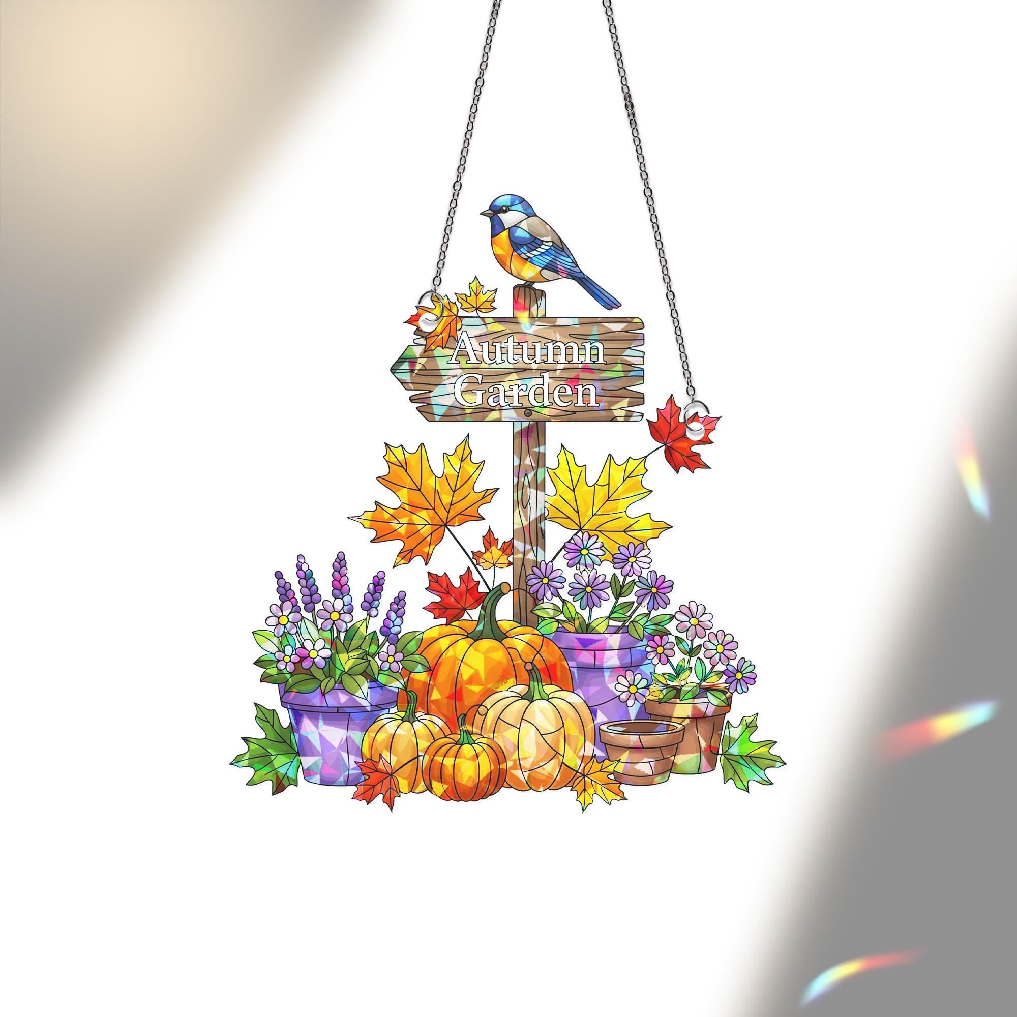 Personalized Autumn Garden Acrylic Window Hanging | Custom Fall Decor with Pumpkins & Flowers | Autumn Window Sign Gift