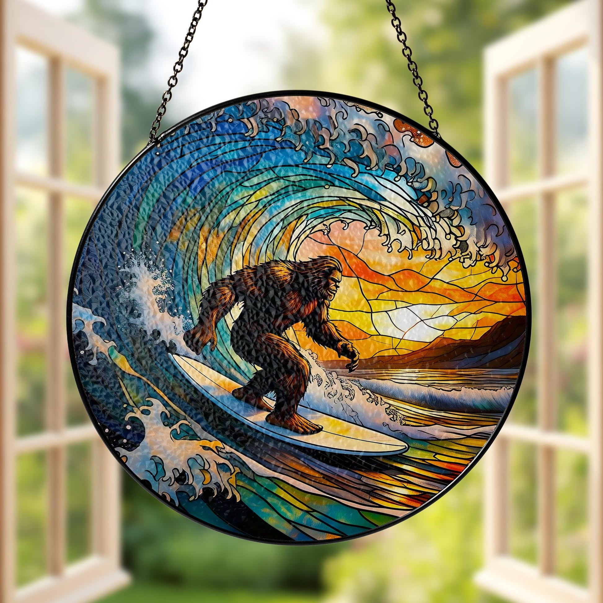 Surfing Bigfoot Glass Suncatcher, Sasquatch Ocean Wave Art, Unique Window Hanging, Mythical Creature Beach Decor, Cryptid Sun Catcher