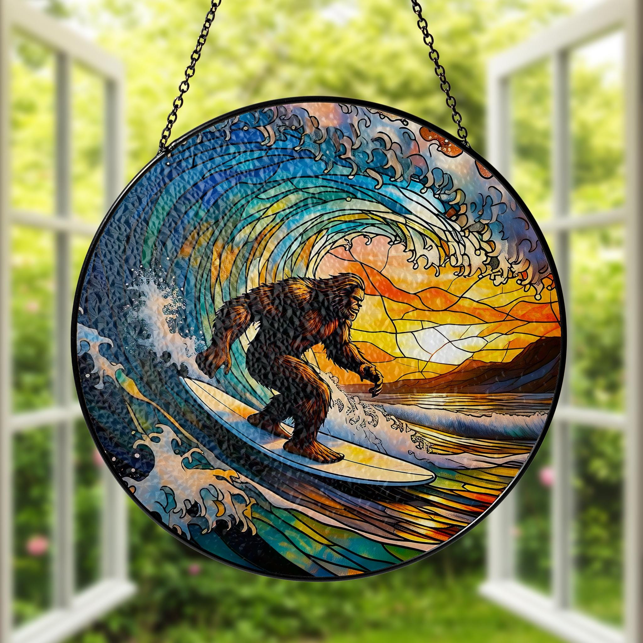 Surfing Bigfoot Glass Suncatcher, Sasquatch Ocean Wave Art, Unique Window Hanging, Mythical Creature Beach Decor, Cryptid Sun Catcher