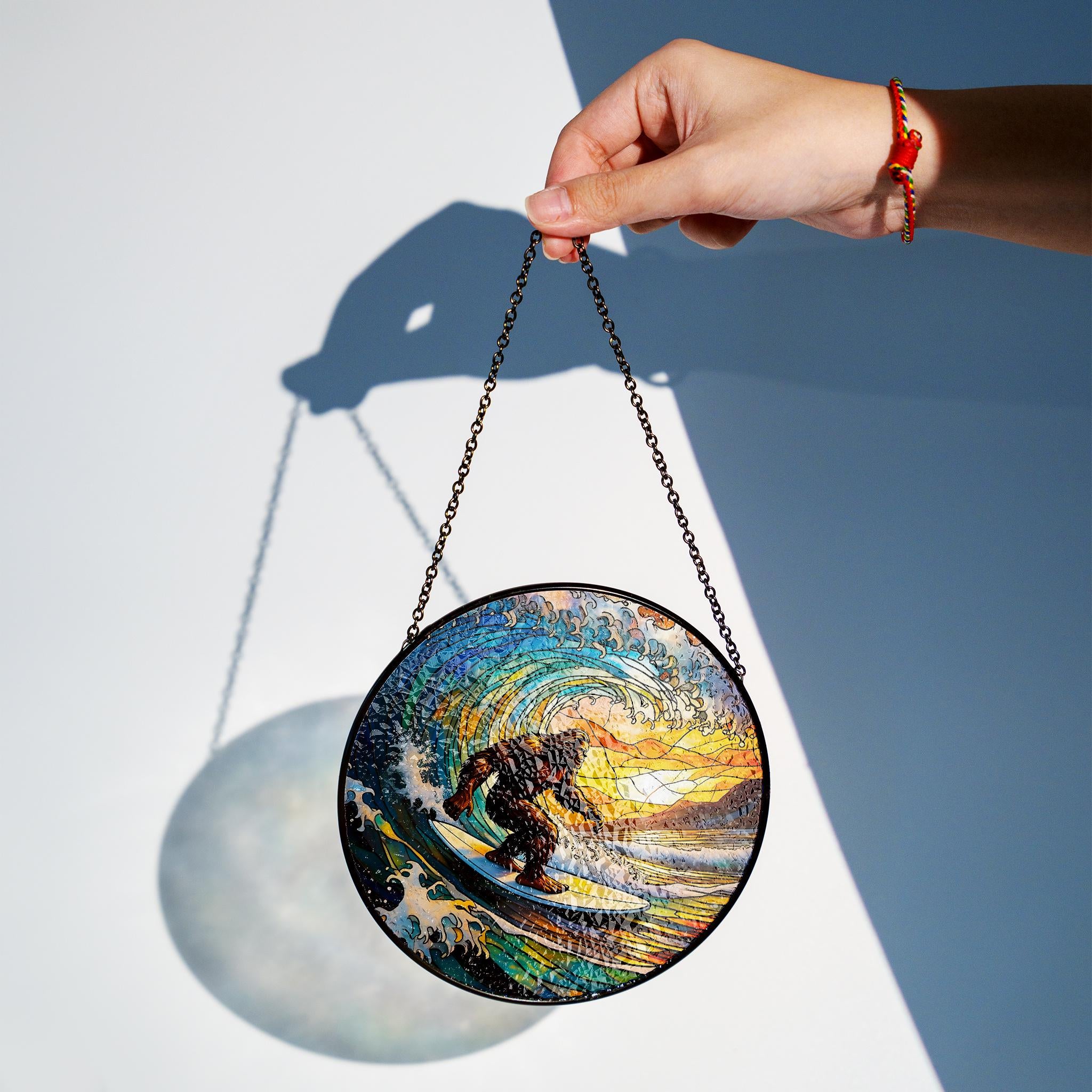 Surfing Bigfoot Glass Suncatcher, Sasquatch Ocean Wave Art, Unique Window Hanging, Mythical Creature Beach Decor, Cryptid Sun Catcher