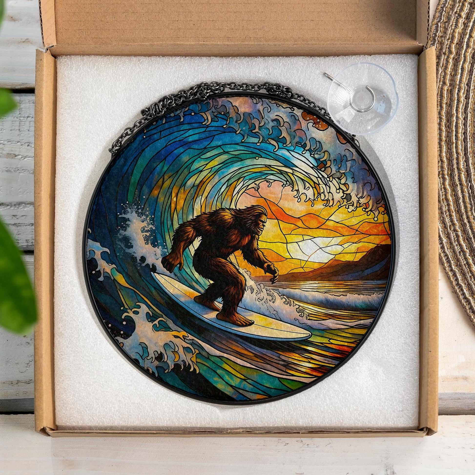 Surfing Bigfoot Glass Suncatcher, Sasquatch Ocean Wave Art, Unique Window Hanging, Mythical Creature Beach Decor, Cryptid Sun Catcher