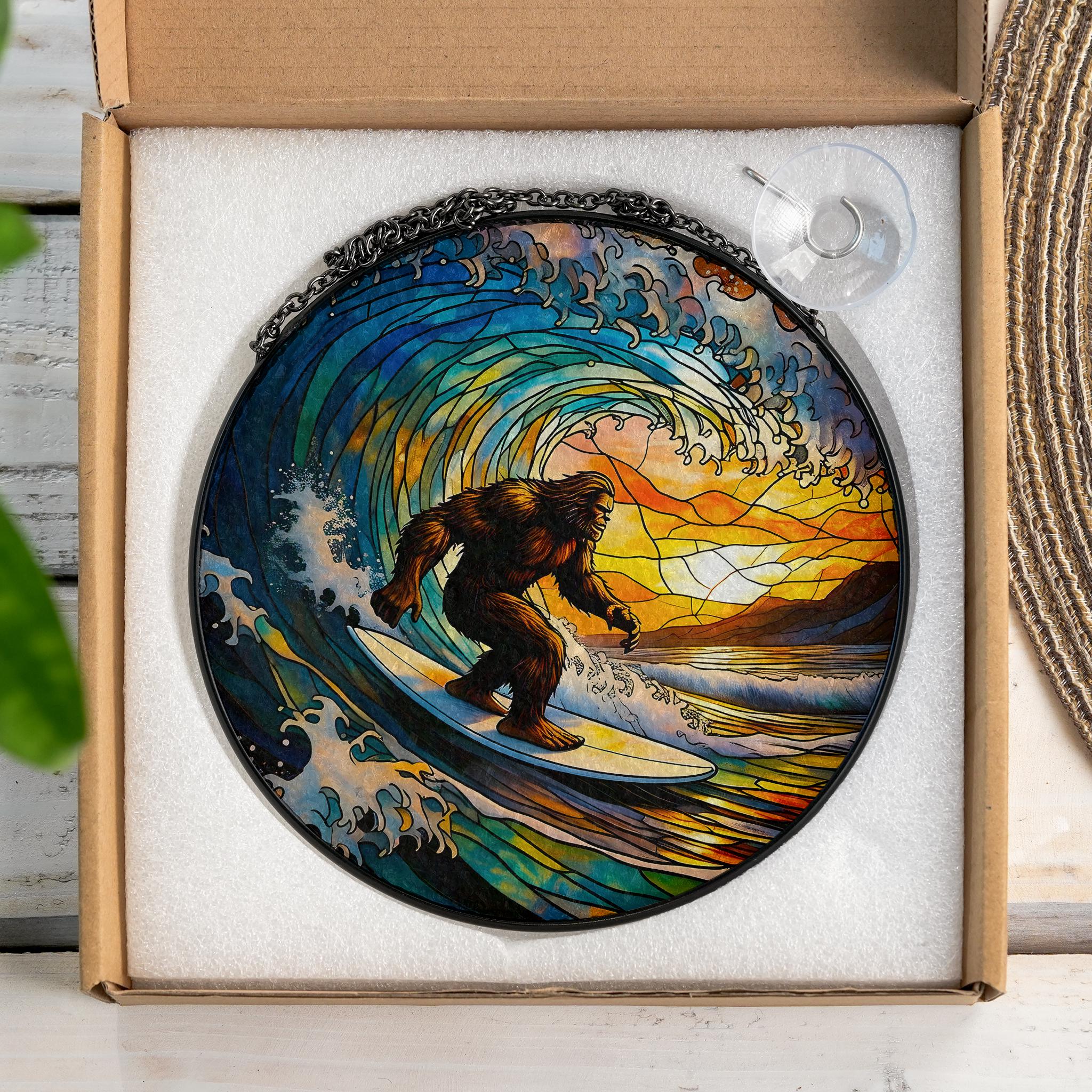 Surfing Bigfoot Glass Suncatcher, Sasquatch Ocean Wave Art, Unique Window Hanging, Mythical Creature Beach Decor, Cryptid Sun Catcher