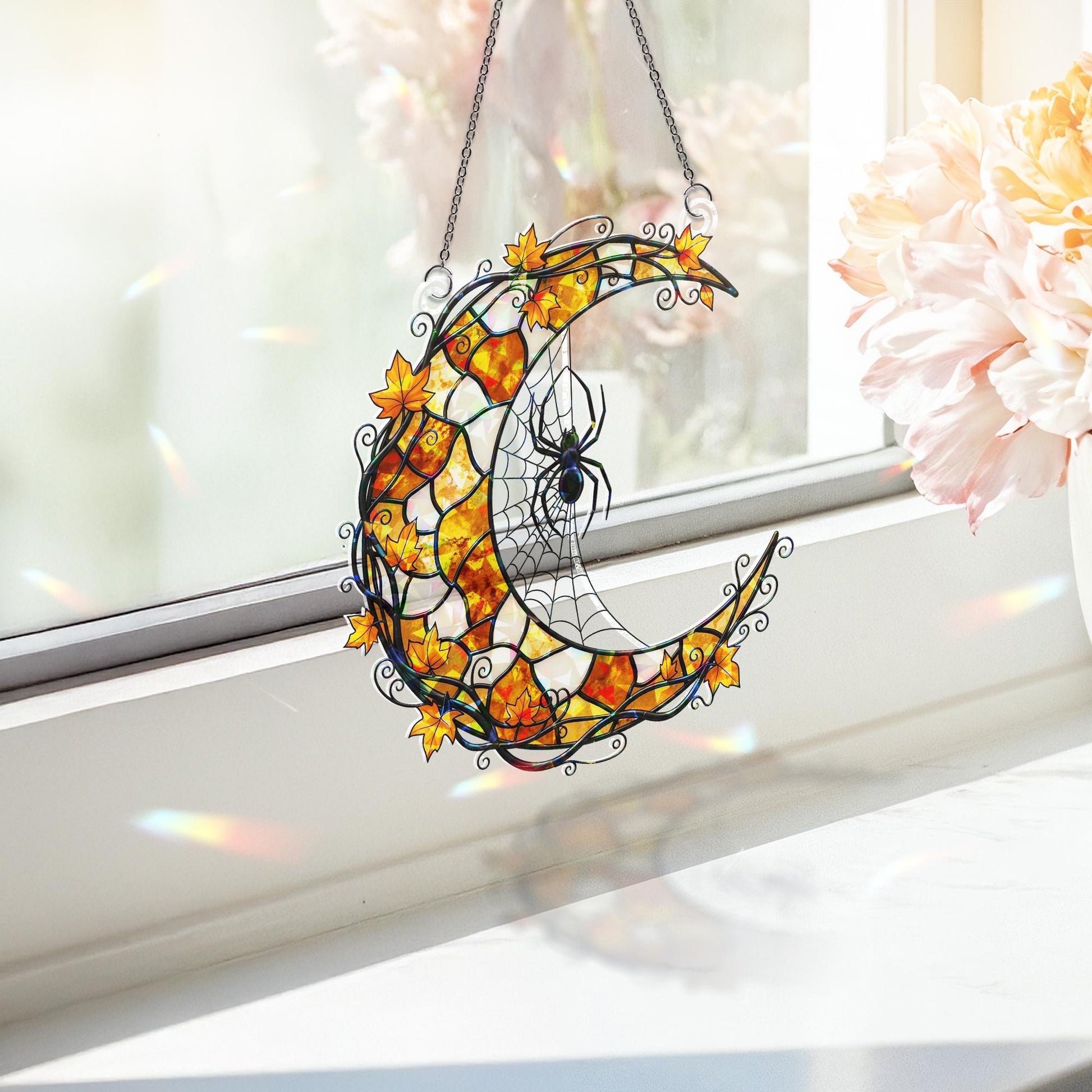 Crescent Moon Spider Web Acrylic Window Hanging | Fall Halloween Decor with Leaves | Autumn Gothic Window Ornament Gift