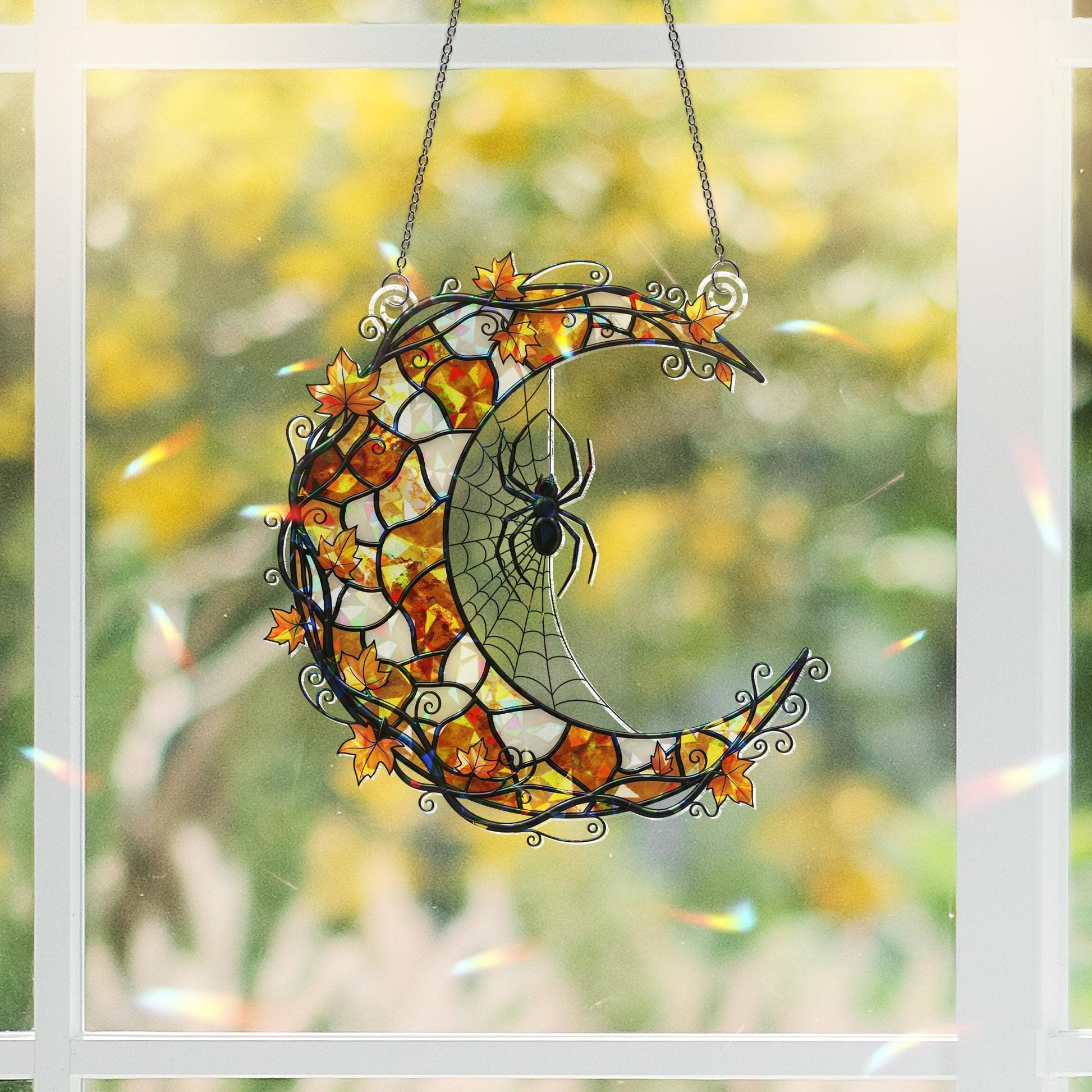 Crescent Moon Spider Web Acrylic Window Hanging | Fall Halloween Decor with Leaves | Autumn Gothic Window Ornament Gift