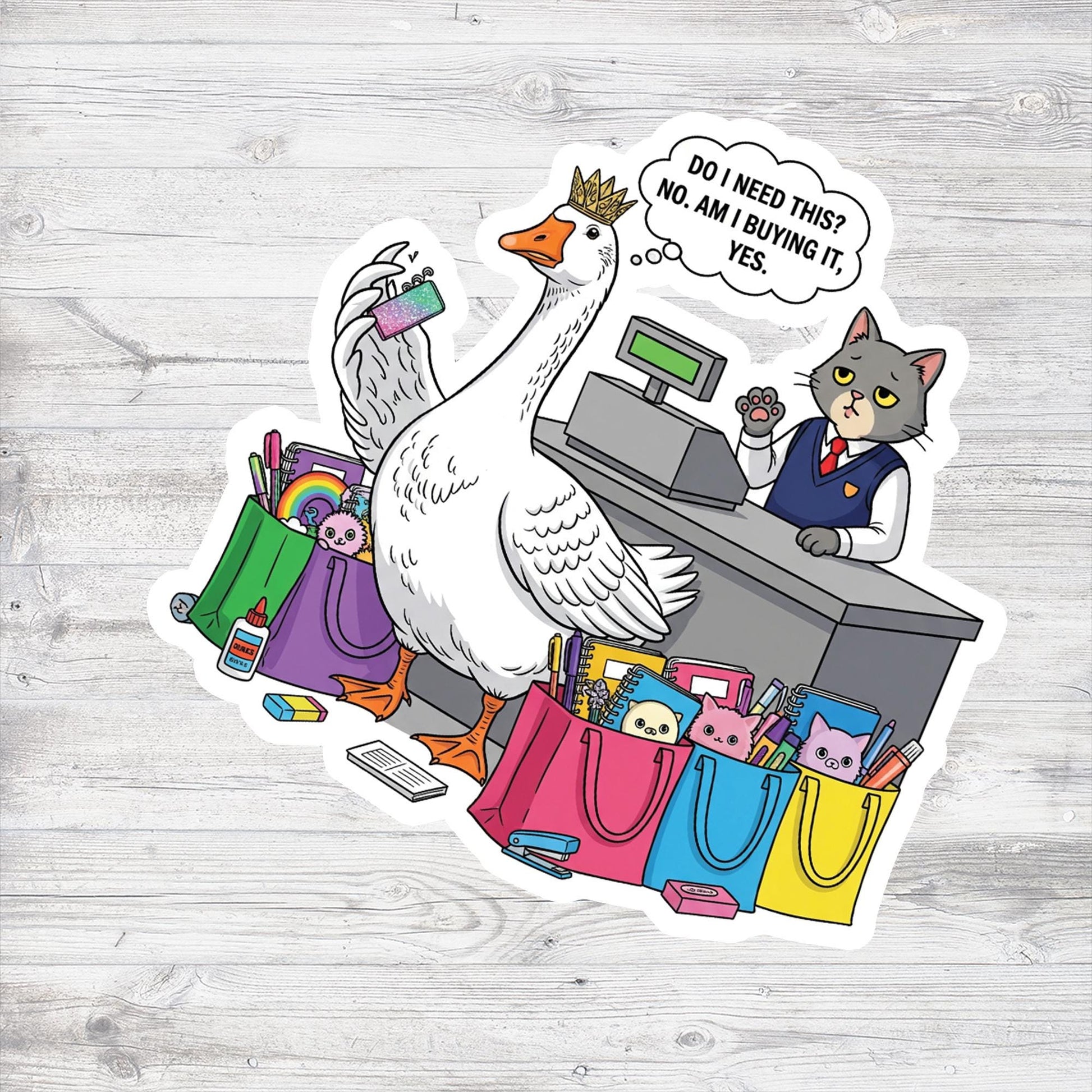 Funny Goose Shopping Sticker – Back to School Stationery Humor Vinyl Decal – Impulse Buy Goose Gift for Students