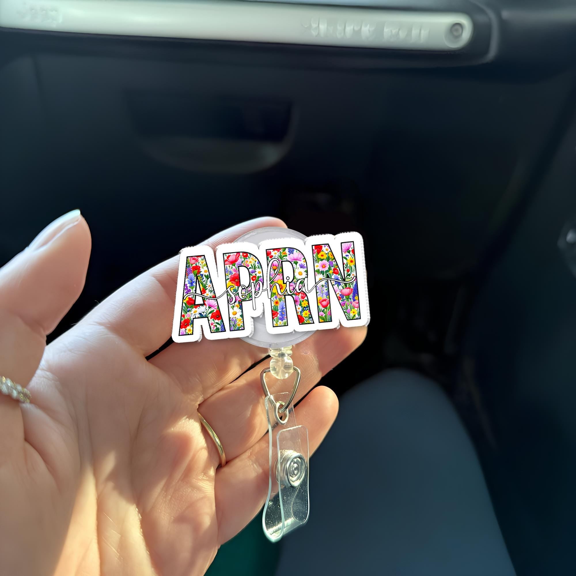 Personalized APRN Nurse Badge Holder with Colorful Flower Design, Cute Medical ID Accessory for Registered Advanced Practice Nurses