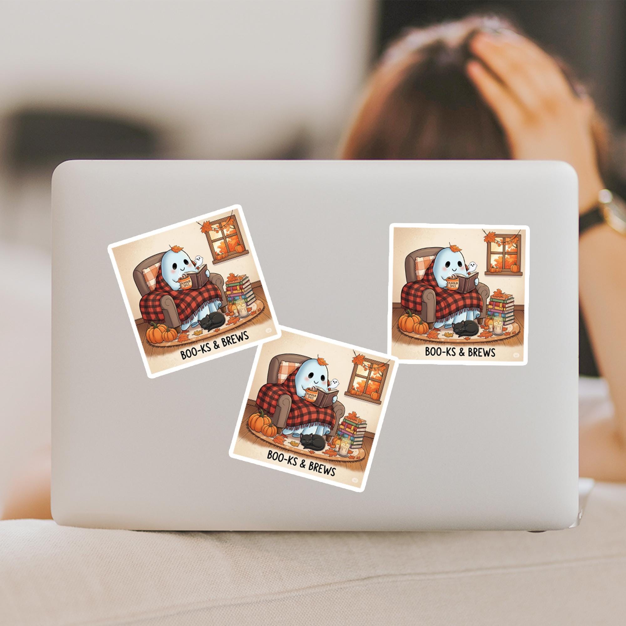 Cozy Ghost Fall Sticker – BOO-KS & BREWS – Cute Autumn Ghost Reading Art – Pumpkin Spice Halloween Sticker