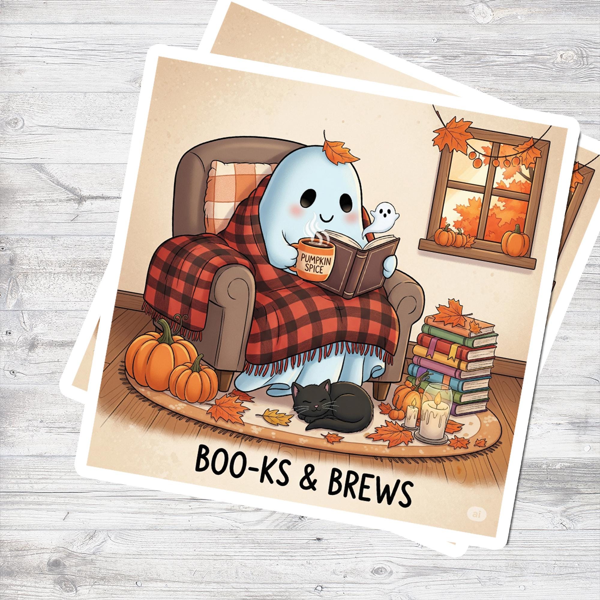 Cozy Ghost Fall Sticker – BOO-KS & BREWS – Cute Autumn Ghost Reading Art – Pumpkin Spice Halloween Sticker