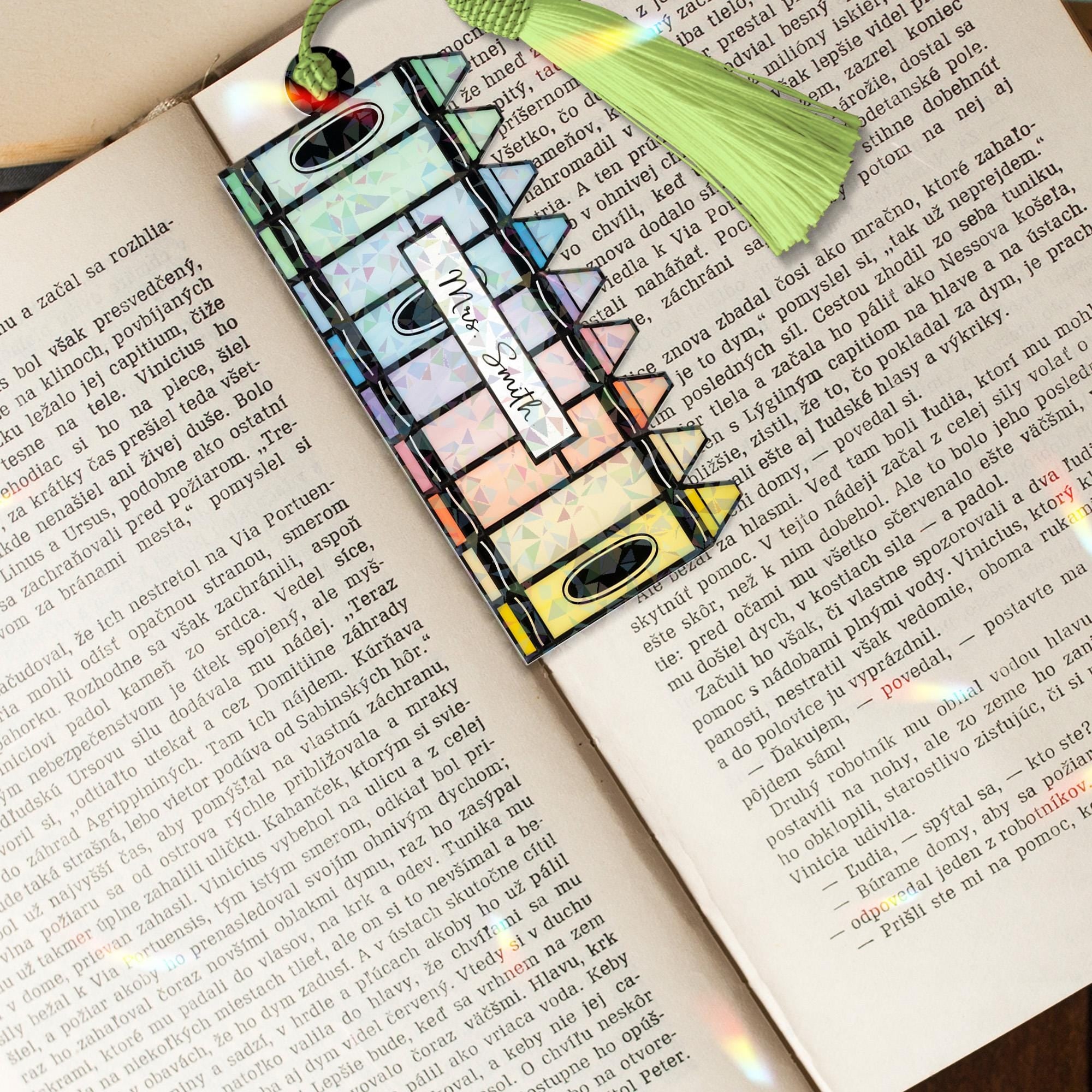 Personalized Holographic Teacher Bookmark with Name, Crayon Tassel Bookmark Gift, Cute Classroom Reading Accessory for Educators