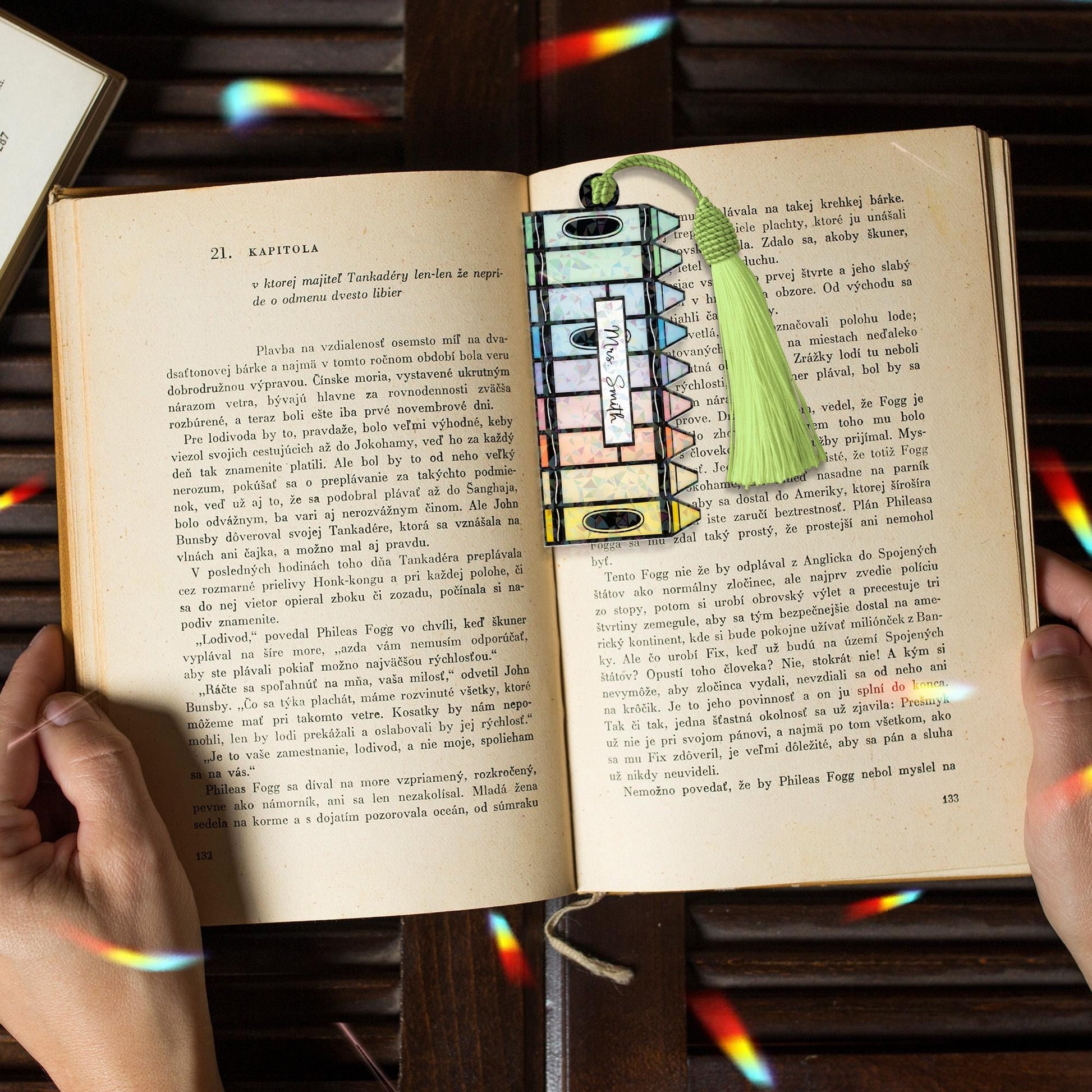 Personalized Holographic Teacher Bookmark with Name, Crayon Tassel Bookmark Gift, Cute Classroom Reading Accessory for Educators