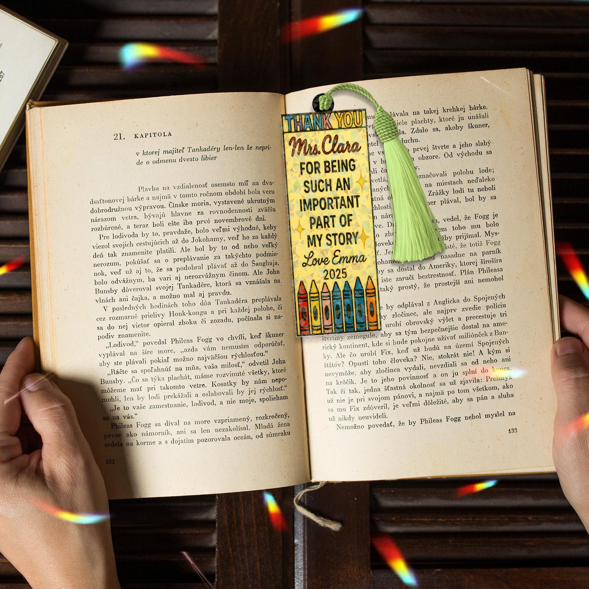 Custom Holographic Teacher Bookmark Gift, Personalized Thank You Crayon Bookmark with Tassel, End of Year Teacher Appreciation Gift