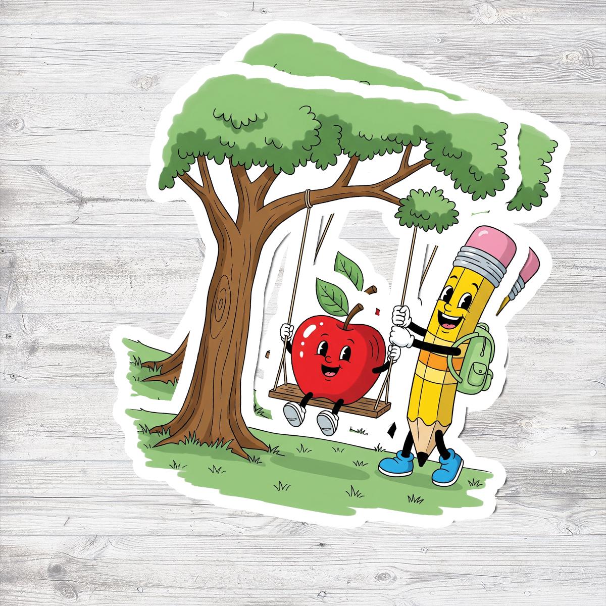 Cute Apple and Pencil Sticker, Retro Cartoon Teacher Decal, Whimsical School Friends on Swing, Vintage Style Kids Laptop Sticker