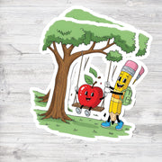 Cute Apple and Pencil Sticker, Retro Cartoon Teacher Decal, Whimsical School Friends on Swing, Vintage Style Kids Laptop Sticker