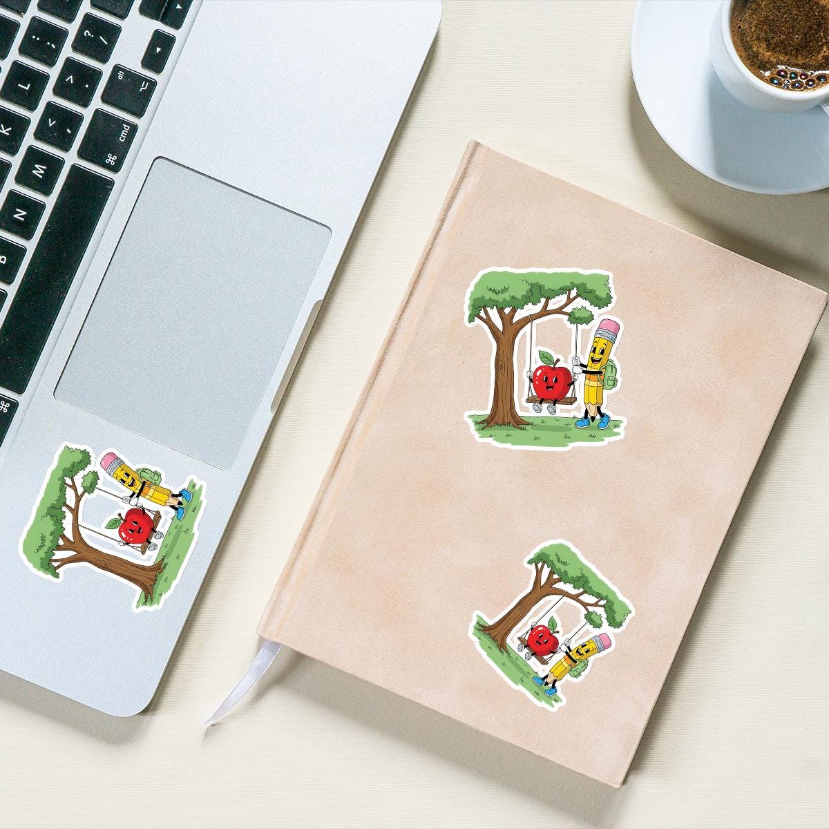 Cute Apple and Pencil Sticker, Retro Cartoon Teacher Decal, Whimsical School Friends on Swing, Vintage Style Kids Laptop Sticker