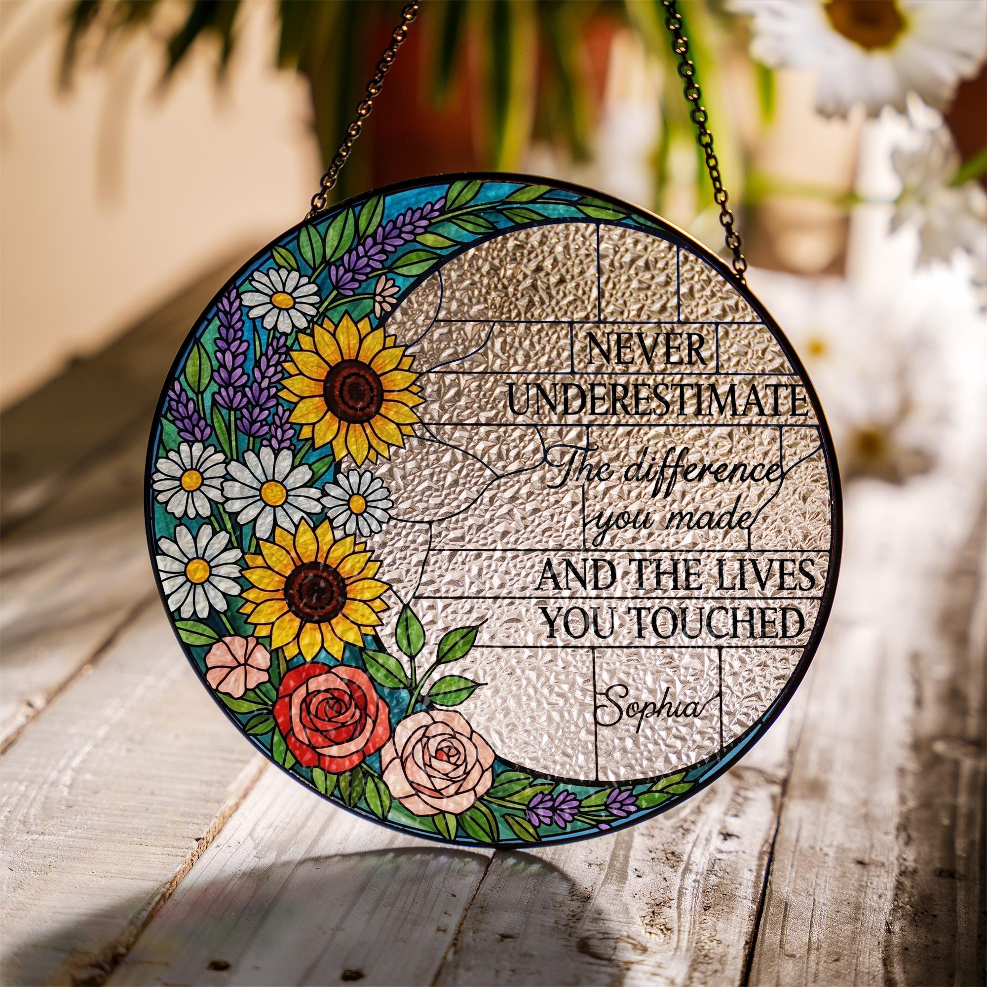 Personalized Retirement Glass Suncatcher Gift, Floral Glass Hanging Decor, Thank You Keepsake for Teacher or Coworker