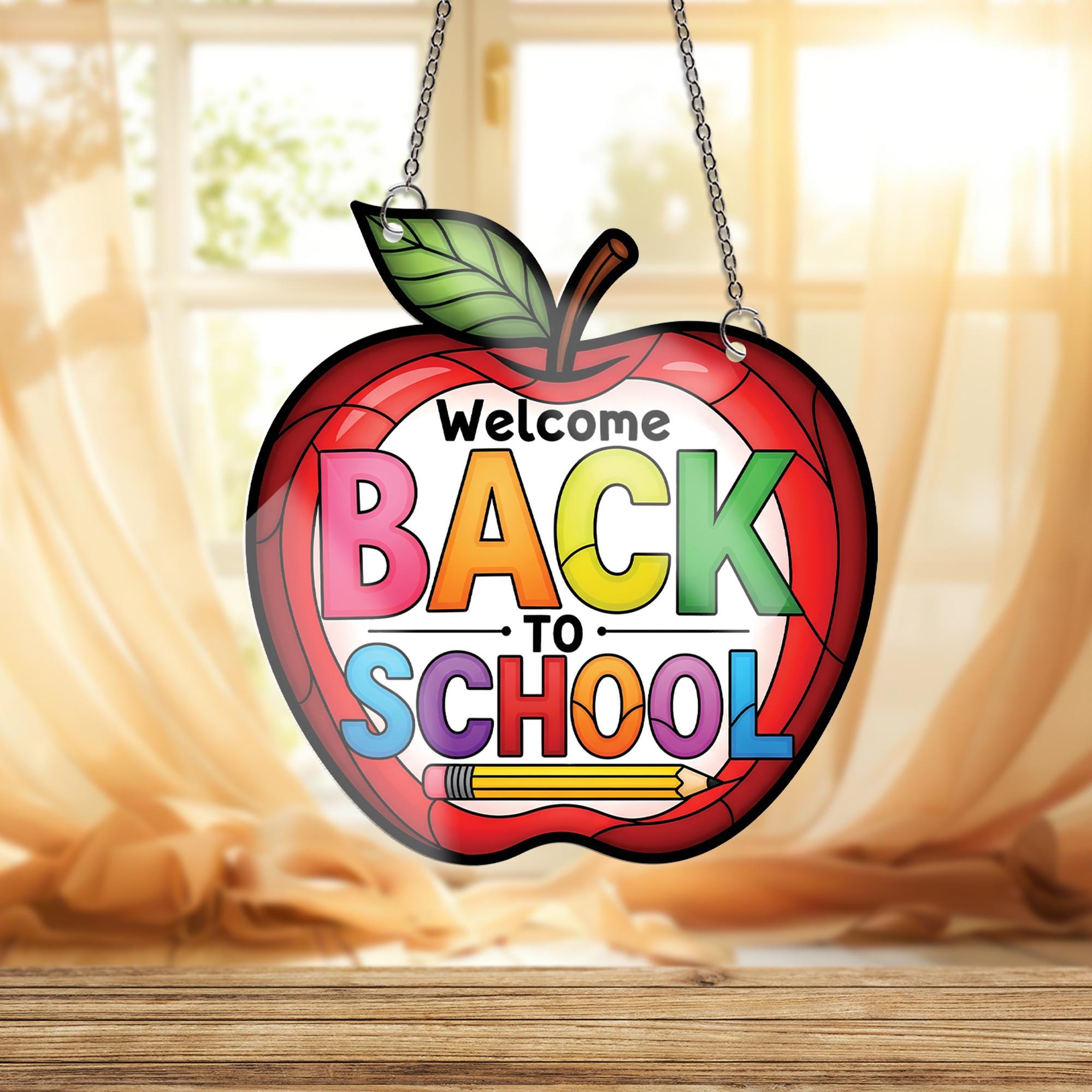Welcome Back To School Sign, Apple Shaped Teacher Classroom Decor, Colorful Hanging Window Suncatcher, First Day of School Gift