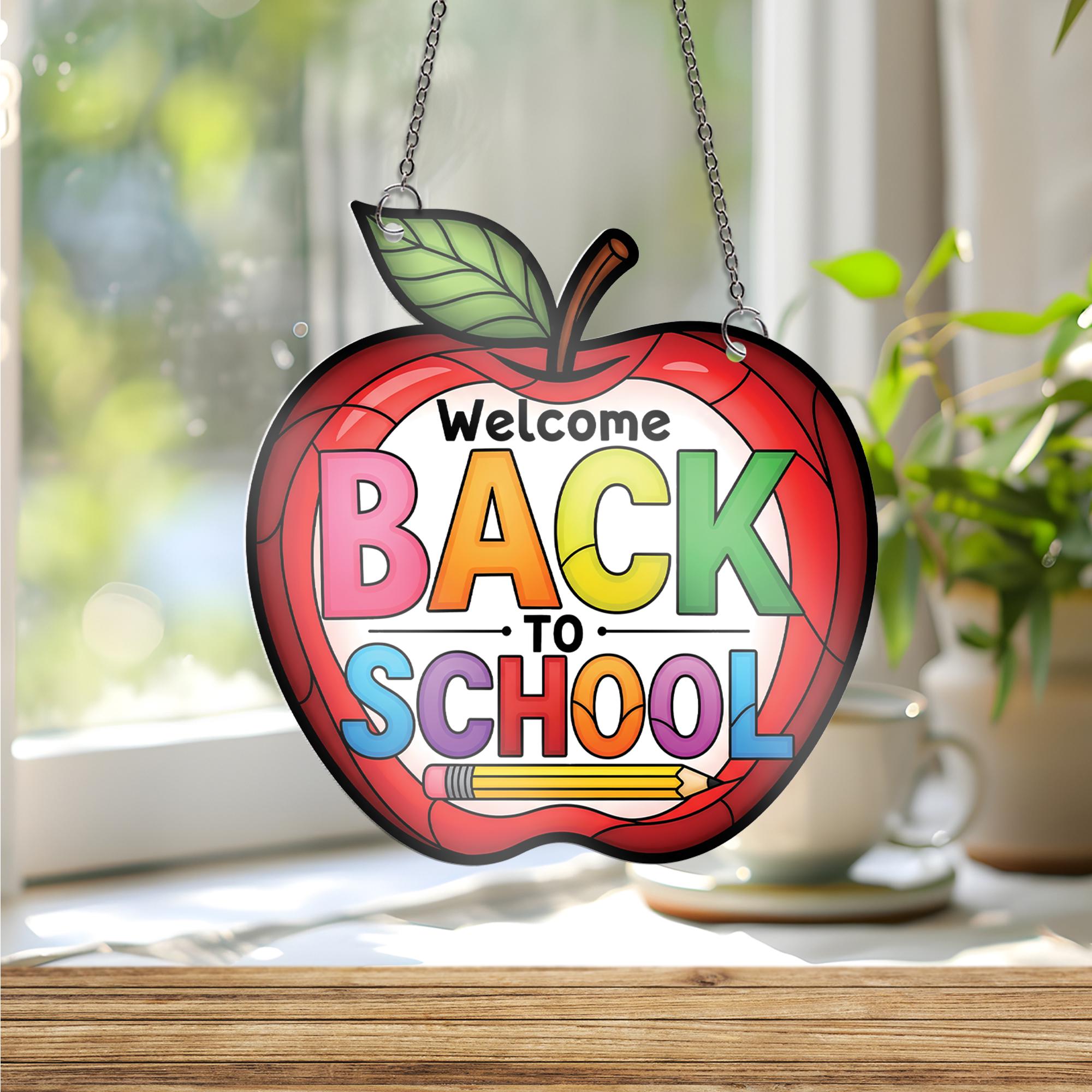 Welcome Back To School Sign, Apple Shaped Teacher Classroom Decor, Colorful Hanging Window Suncatcher, First Day of School Gift