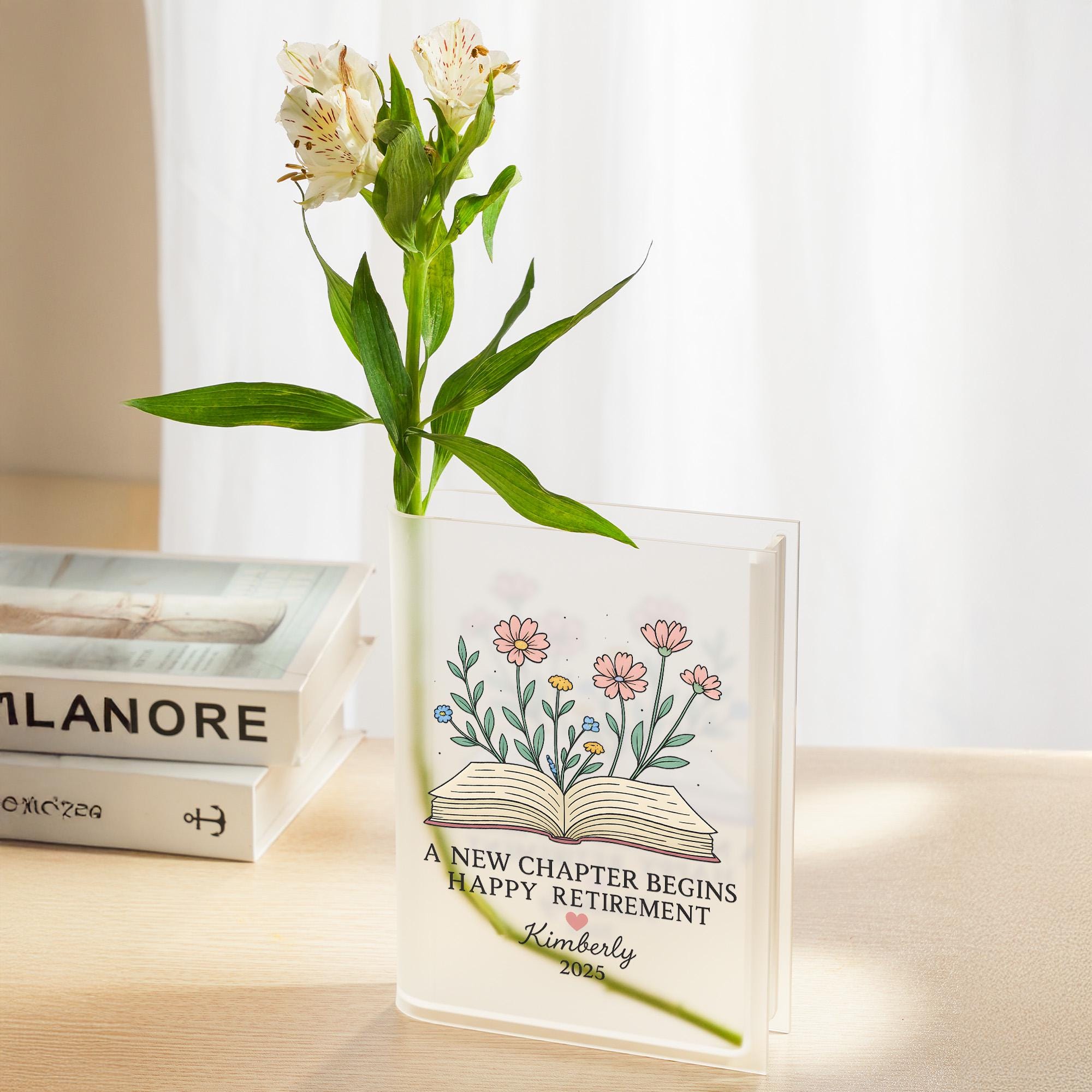 Custom Retirement Book Vase Gift, Personalized Floral Acrylic Vase with Name & Year, A New Chapter Begins Decor for Teacher or Coworker