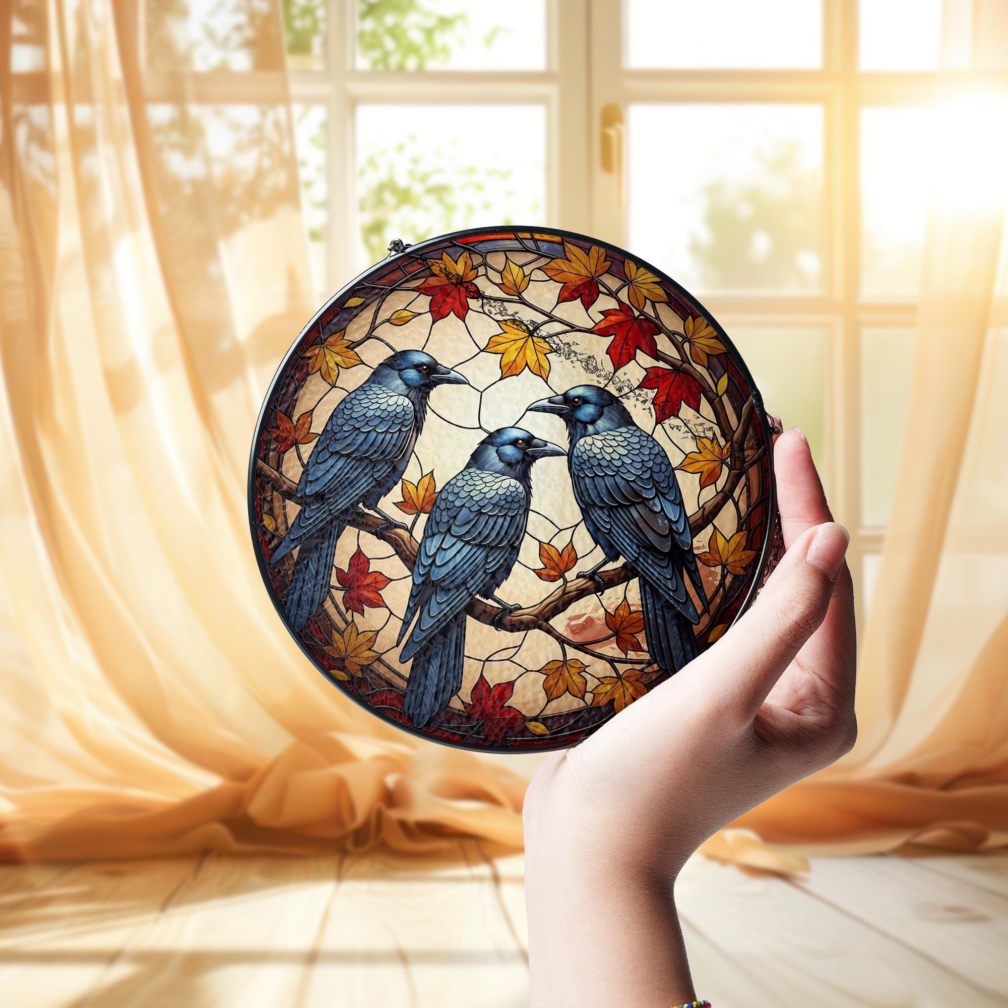 Dark Academia Glass Suncatcher with Crows and Fall Leaves, Gothic Autumn Window Decor, Glass Raven Gift for Book Lovers