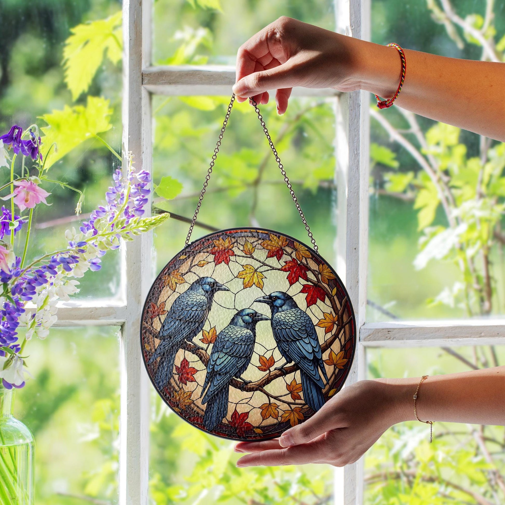 Dark Academia Glass Suncatcher with Crows and Fall Leaves, Gothic Autumn Window Decor, Glass Raven Gift for Book Lovers