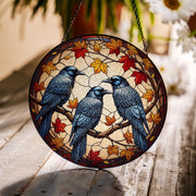 Dark Academia Glass Suncatcher with Crows and Fall Leaves, Gothic Autumn Window Decor, Glass Raven Gift for Book Lovers