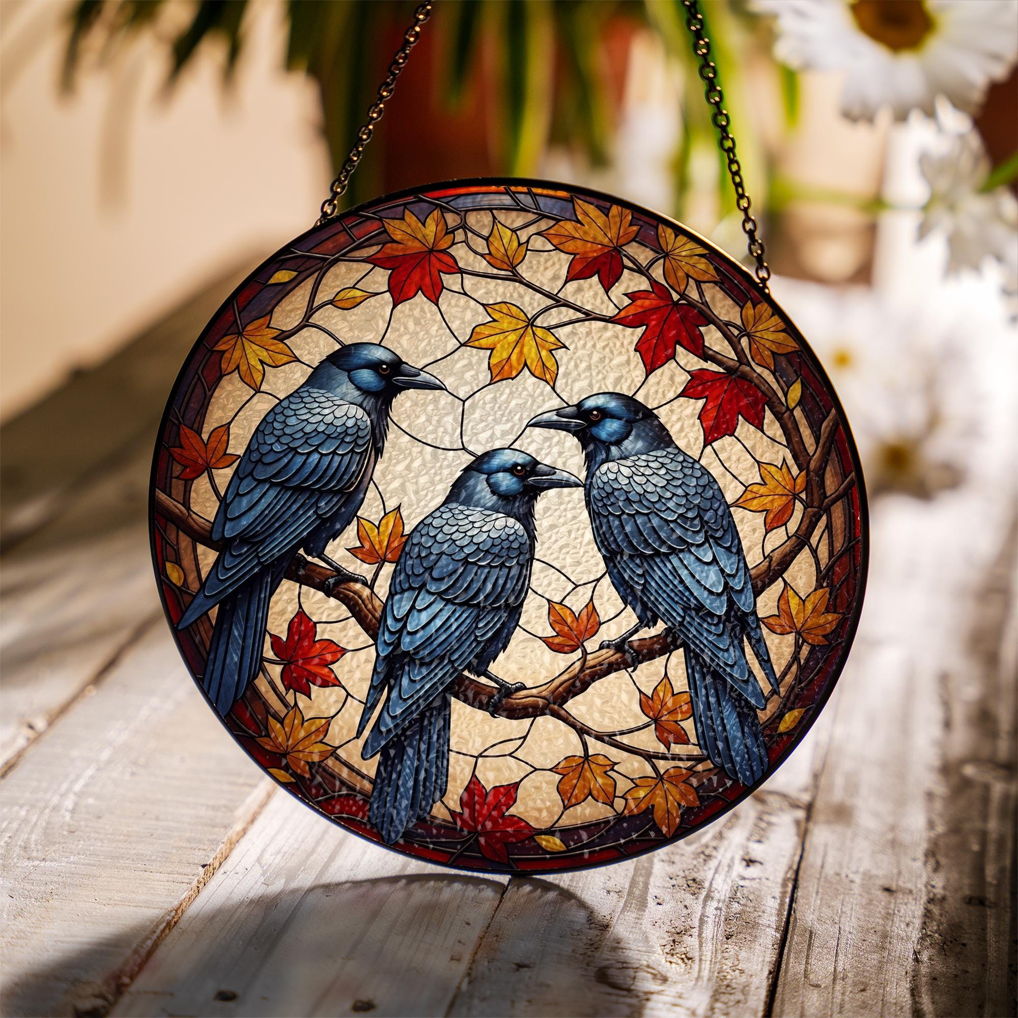 Dark Academia Glass Suncatcher with Crows and Fall Leaves, Gothic Autumn Window Decor, Glass Raven Gift for Book Lovers