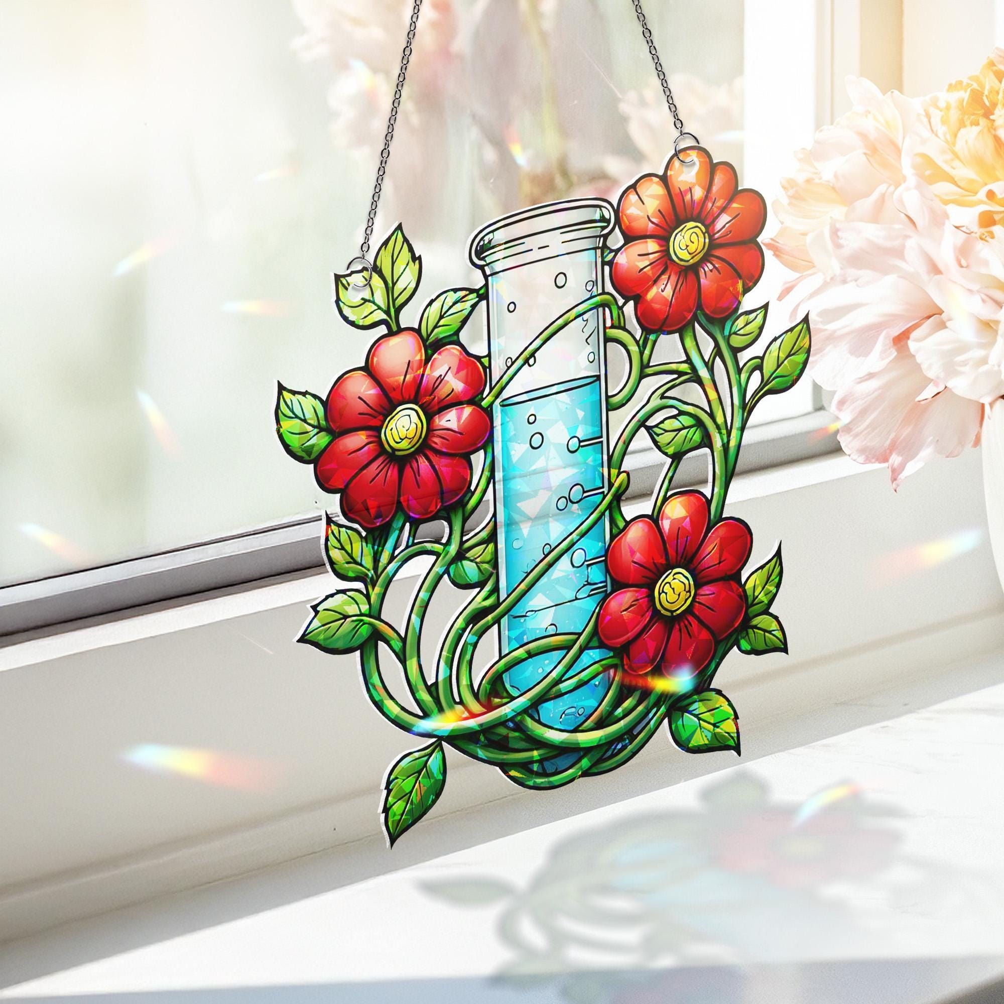 Floral Science Acrylic Window Hanging | Lab Beaker with Flowers Decor | Unique Gift for Teacher, Botanist, Plant Lover, Nature Decor