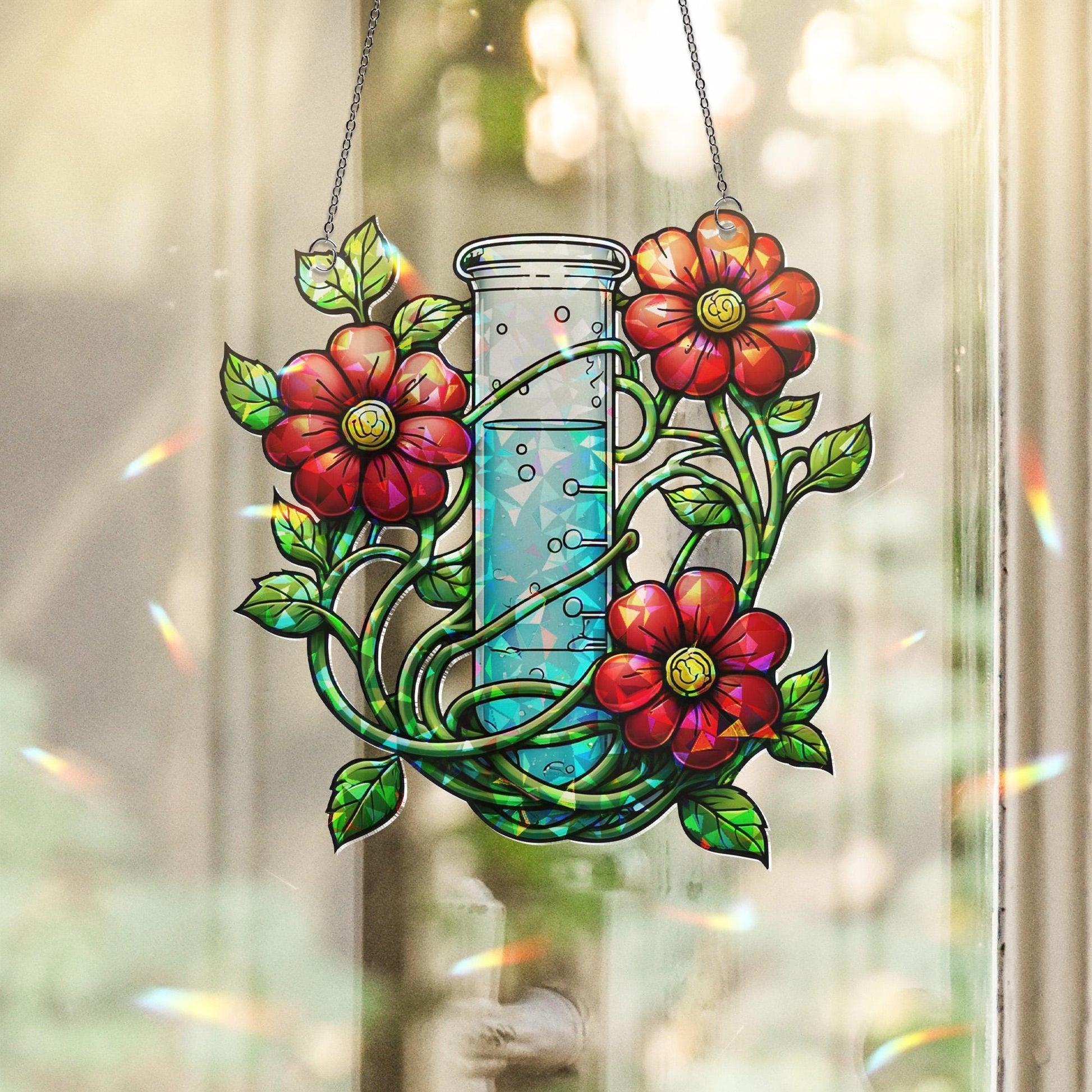 Floral Science Acrylic Window Hanging | Lab Beaker with Flowers Decor | Unique Gift for Teacher, Botanist, Plant Lover, Nature Decor