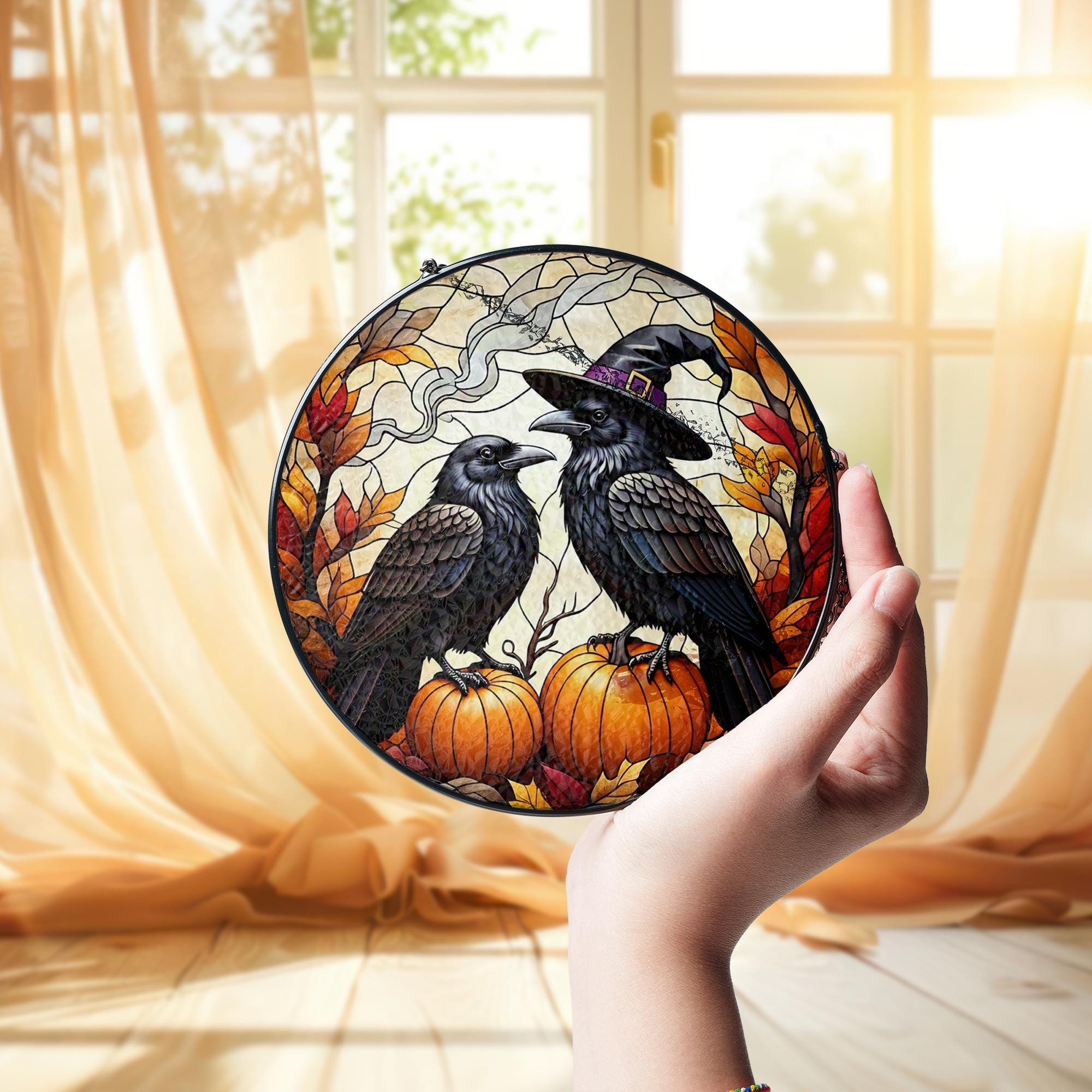 Raven Pumpkin Glass Suncatcher | Witch Crow Autumn Window Decor | Spooky Fall Halloween Hanging Art | Gothic Glass Gift for Her