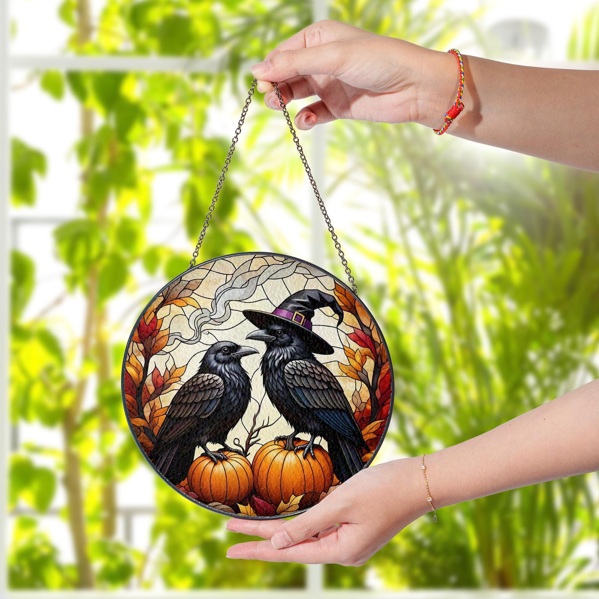 Raven Pumpkin Glass Suncatcher | Witch Crow Autumn Window Decor | Spooky Fall Halloween Hanging Art | Gothic Glass Gift for Her