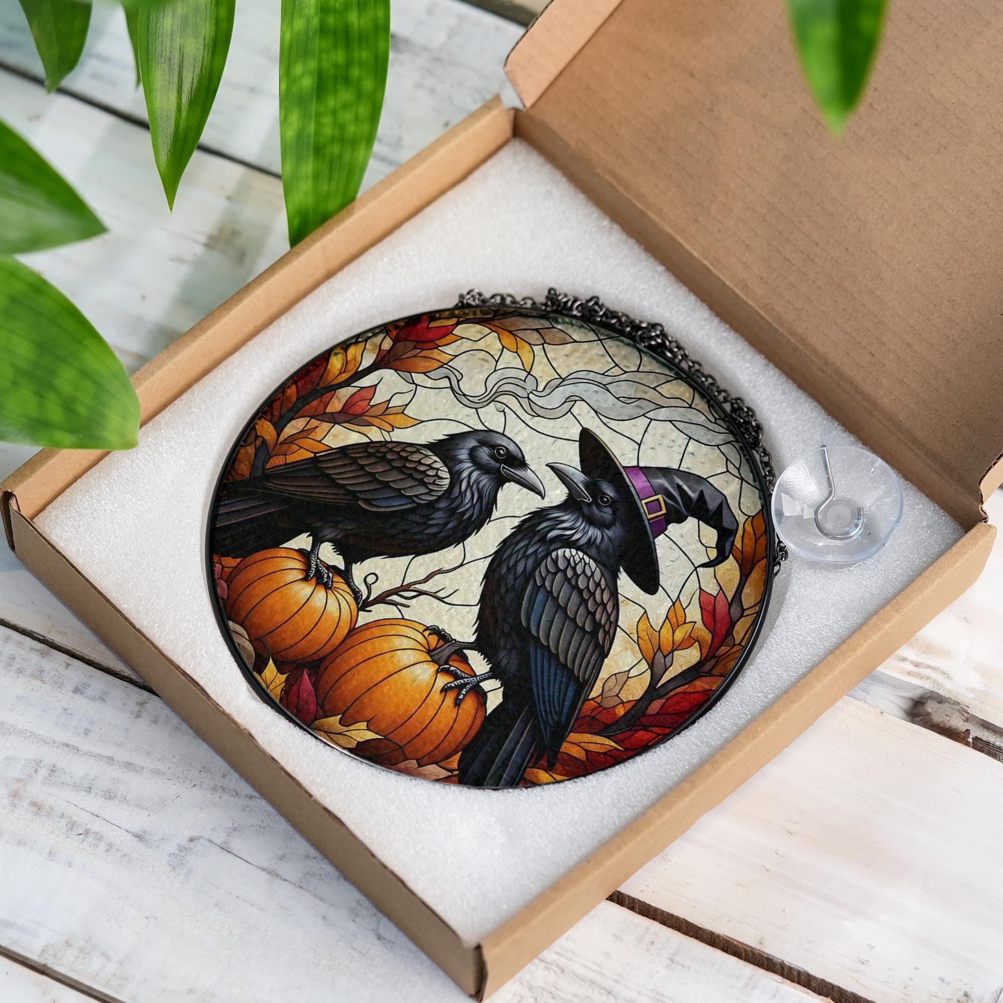 Raven Pumpkin Glass Suncatcher | Witch Crow Autumn Window Decor | Spooky Fall Halloween Hanging Art | Gothic Glass Gift for Her
