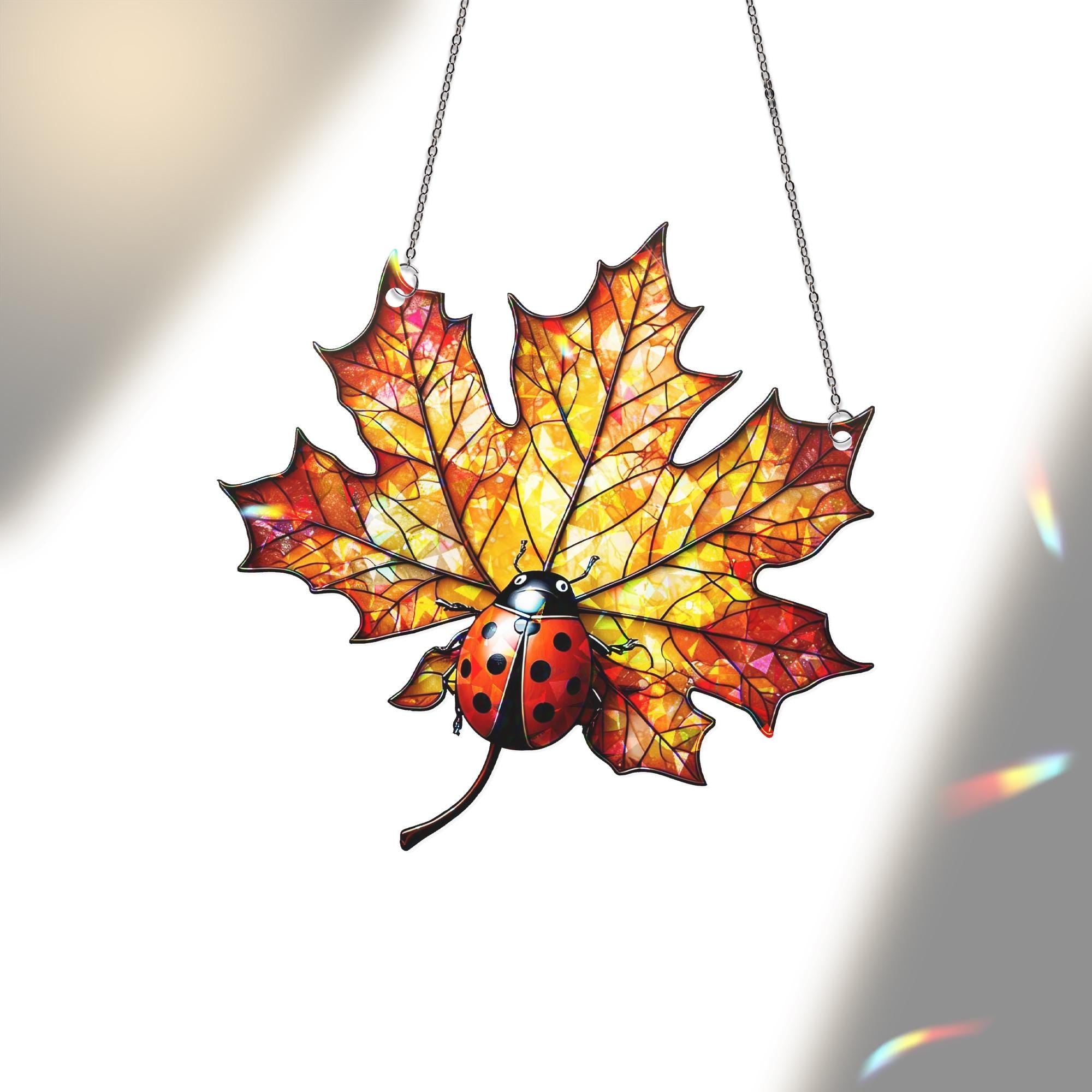 Ladybug Maple Leaf Acrylic Window Hanging | Autumn Fall Decor | Fall Classroom Window Art | Cute Bug Leaf Ornament Gift
