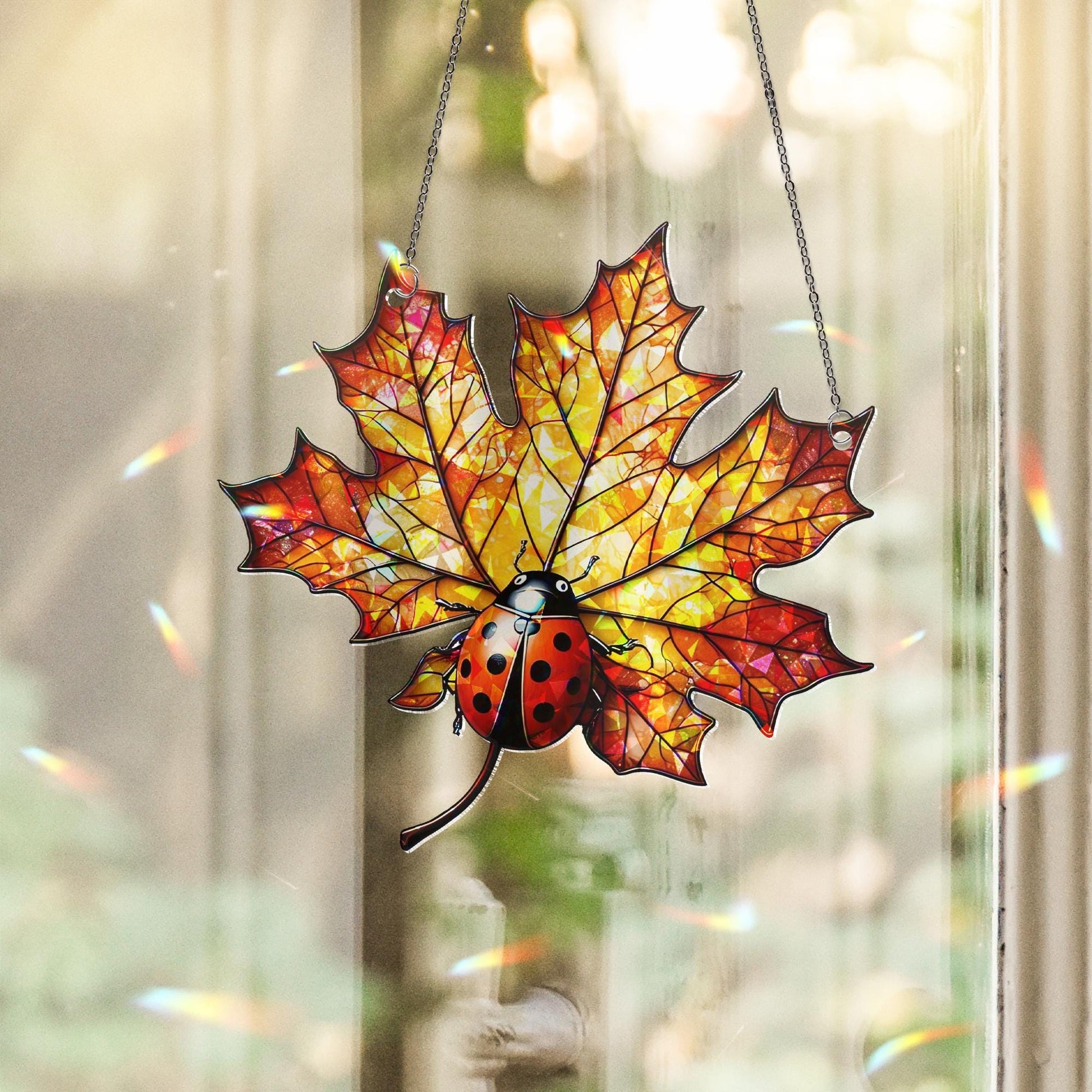 Ladybug Maple Leaf Acrylic Window Hanging | Autumn Fall Decor | Fall Classroom Window Art | Cute Bug Leaf Ornament Gift