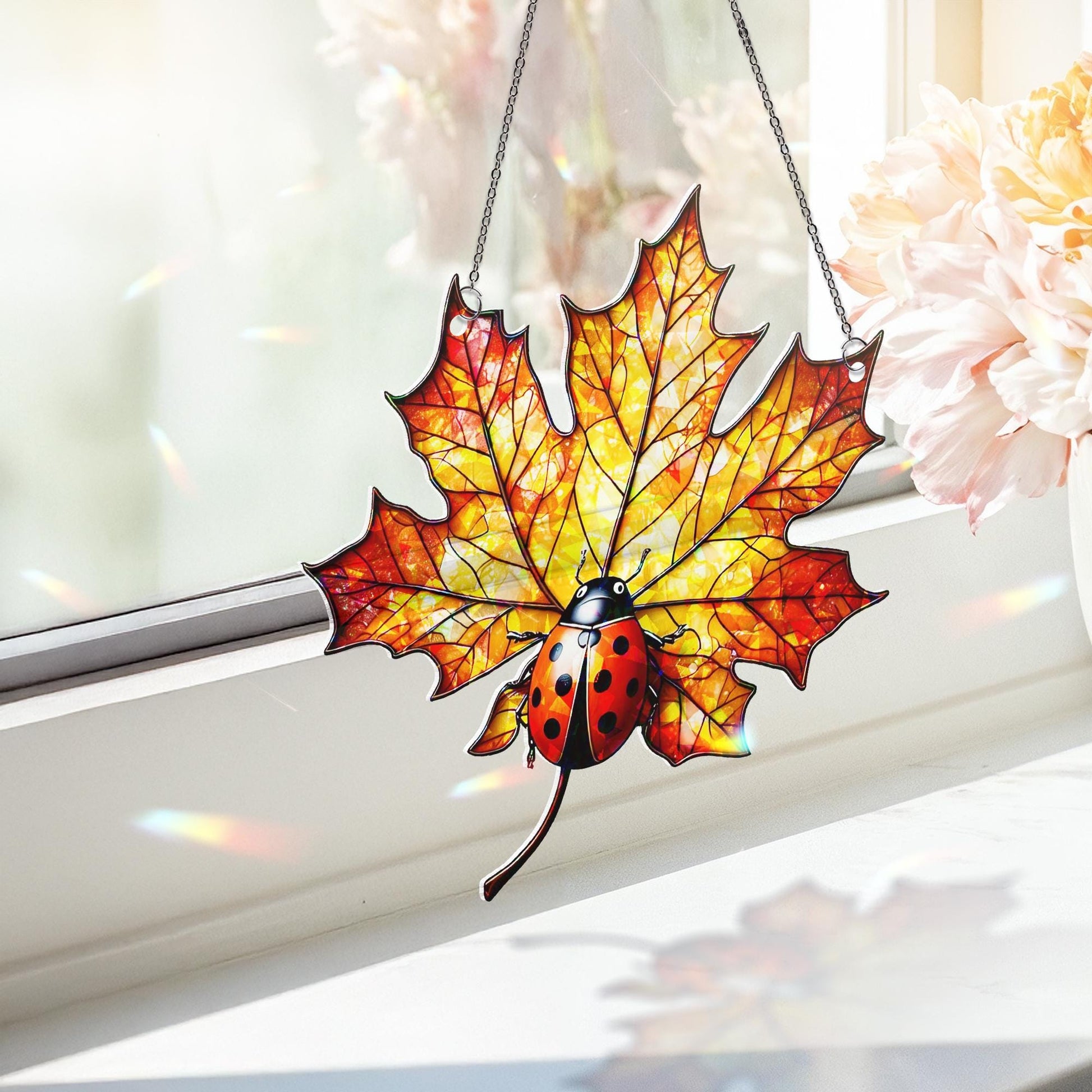 Ladybug Maple Leaf Acrylic Window Hanging | Autumn Fall Decor | Fall Classroom Window Art | Cute Bug Leaf Ornament Gift