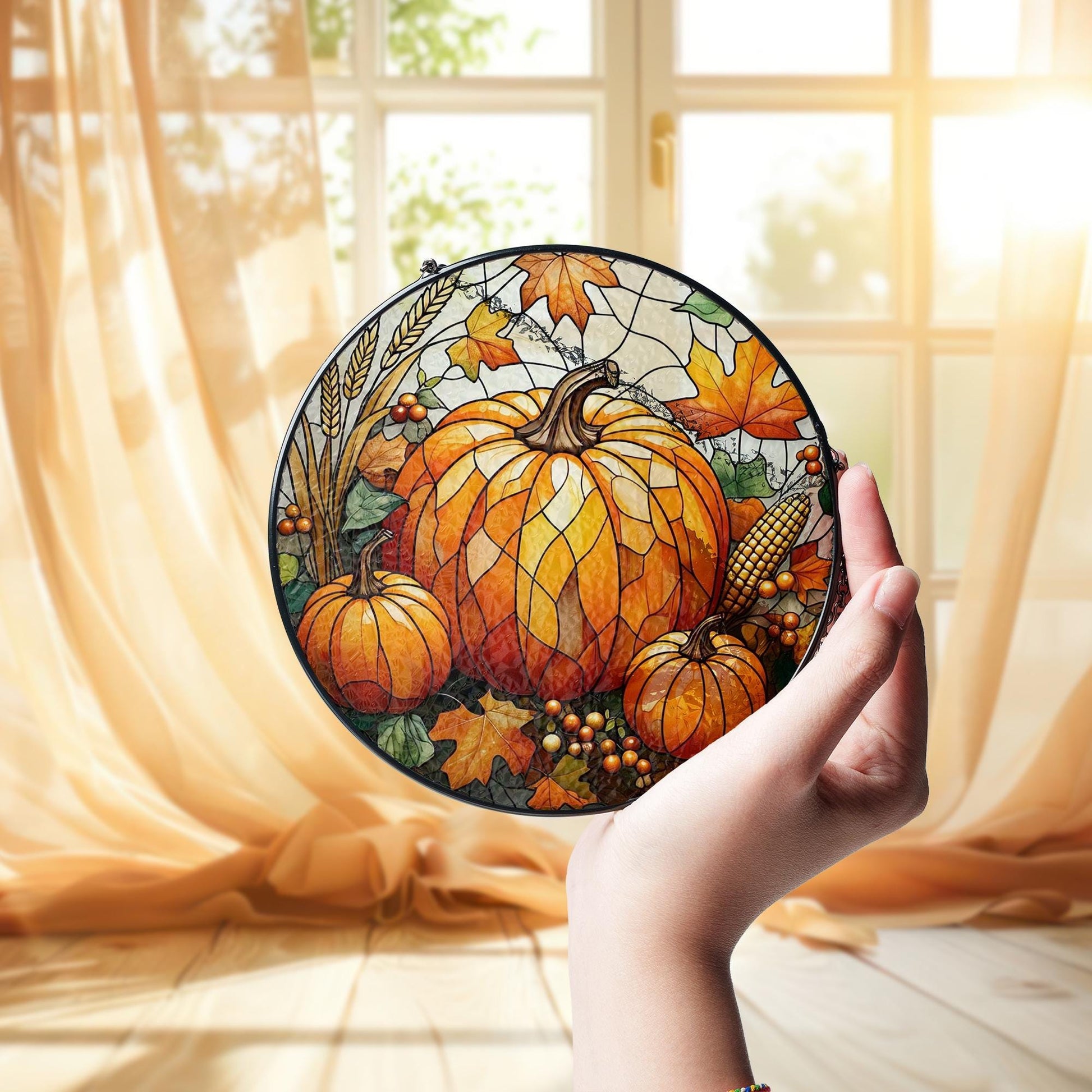 Pumpkin Glass Suncatcher | Fall Harvest Window Decor | Autumn Leaves Glass Art | Thanksgiving Sun Catcher | Rustic Farmhouse Gift