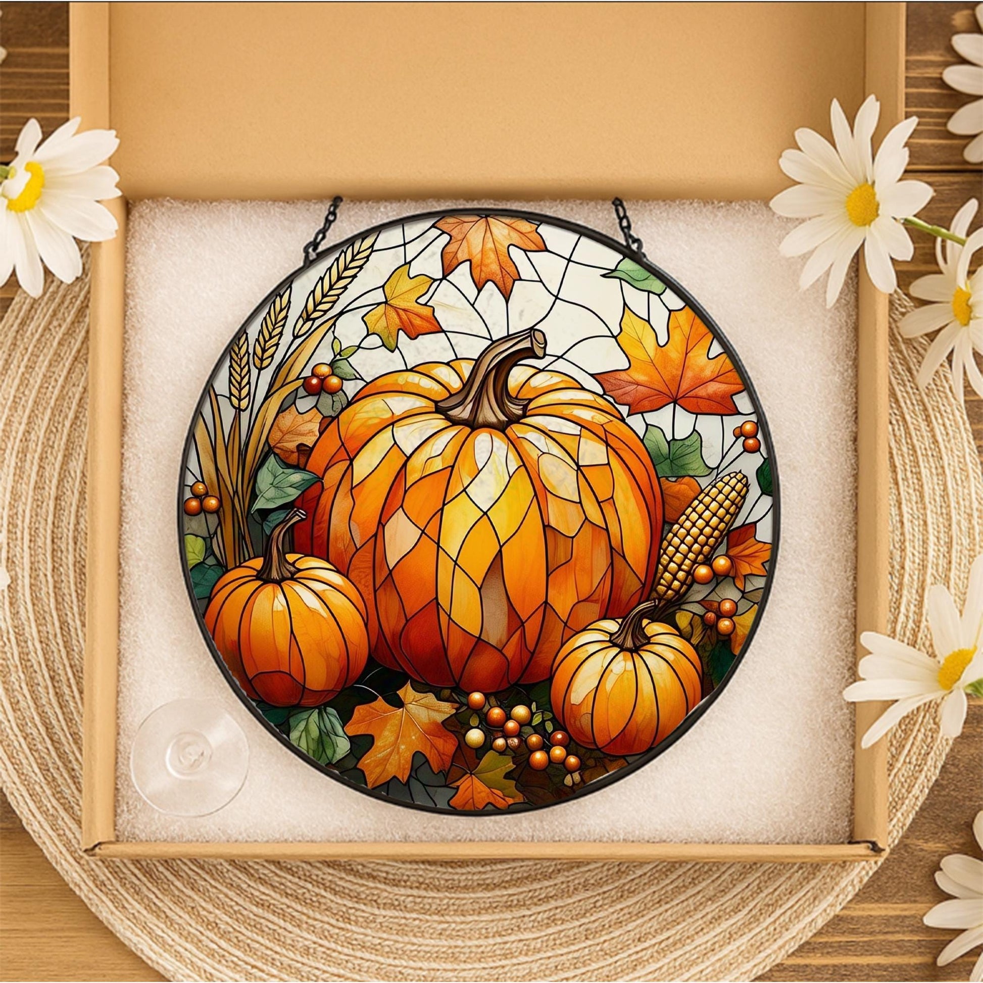 Pumpkin Glass Suncatcher | Fall Harvest Window Decor | Autumn Leaves Glass Art | Thanksgiving Sun Catcher | Rustic Farmhouse Gift
