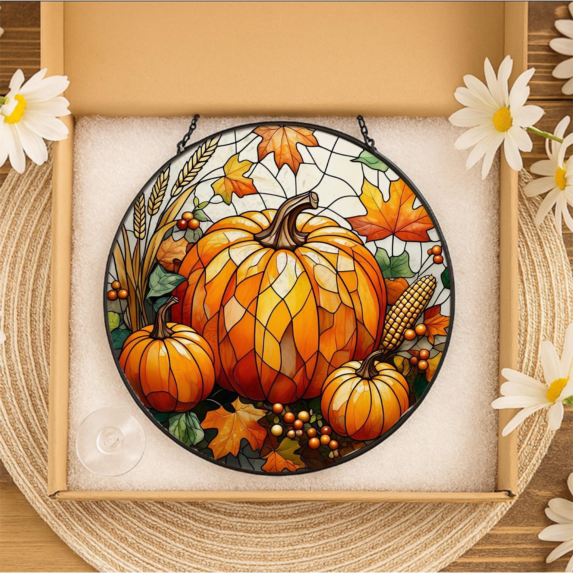 Pumpkin Glass Suncatcher | Fall Harvest Window Decor | Autumn Leaves Glass Art | Thanksgiving Sun Catcher | Rustic Farmhouse Gift