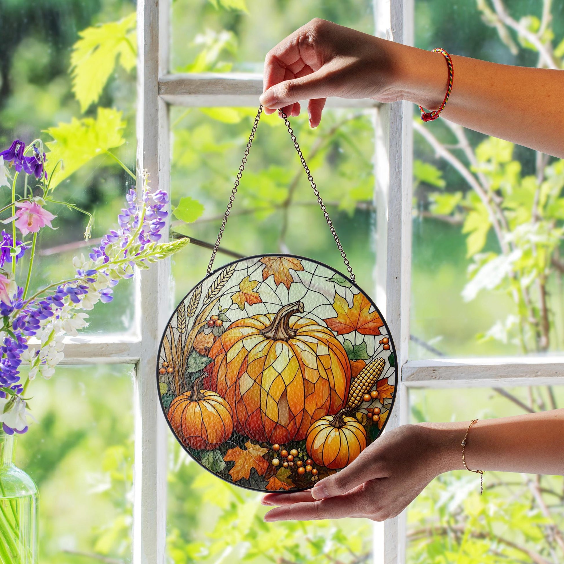 Pumpkin Glass Suncatcher | Fall Harvest Window Decor | Autumn Leaves Glass Art | Thanksgiving Sun Catcher | Rustic Farmhouse Gift