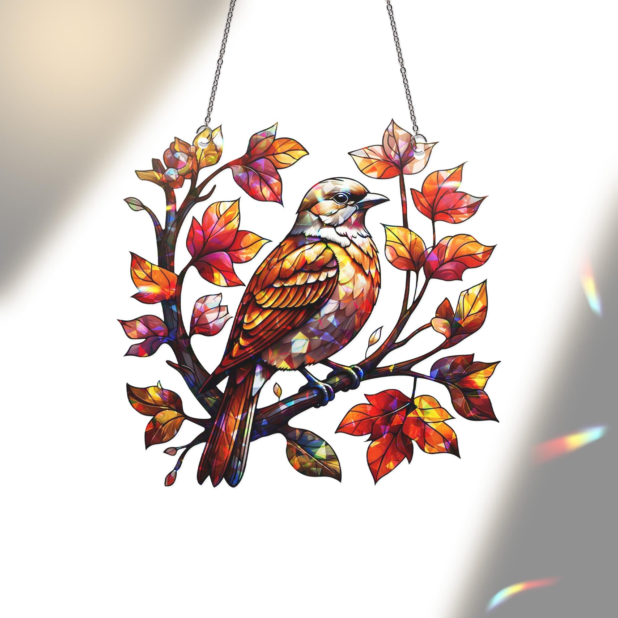 Autumn Bird Acrylic Window Hanging | Fall Leaf Decor | Stained Look Window Art | Bird Sun Catcher Gift | Seasonal Fall Home Decor