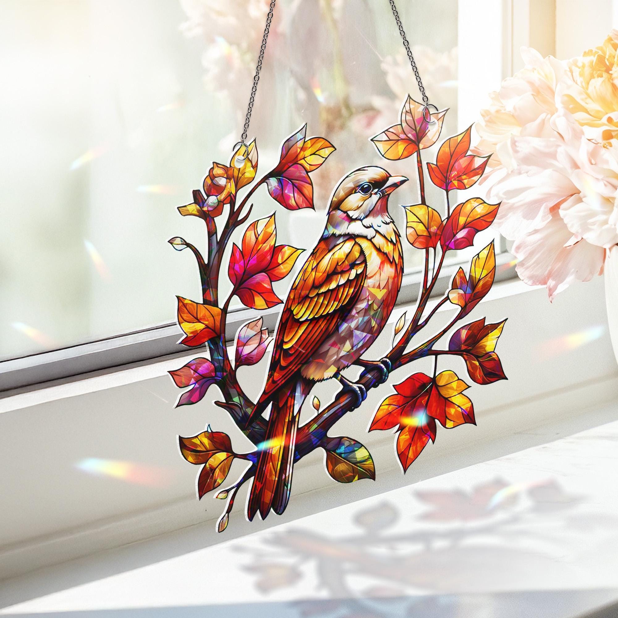 Autumn Bird Acrylic Window Hanging | Fall Leaf Decor | Stained Look Window Art | Bird Sun Catcher Gift | Seasonal Fall Home Decor